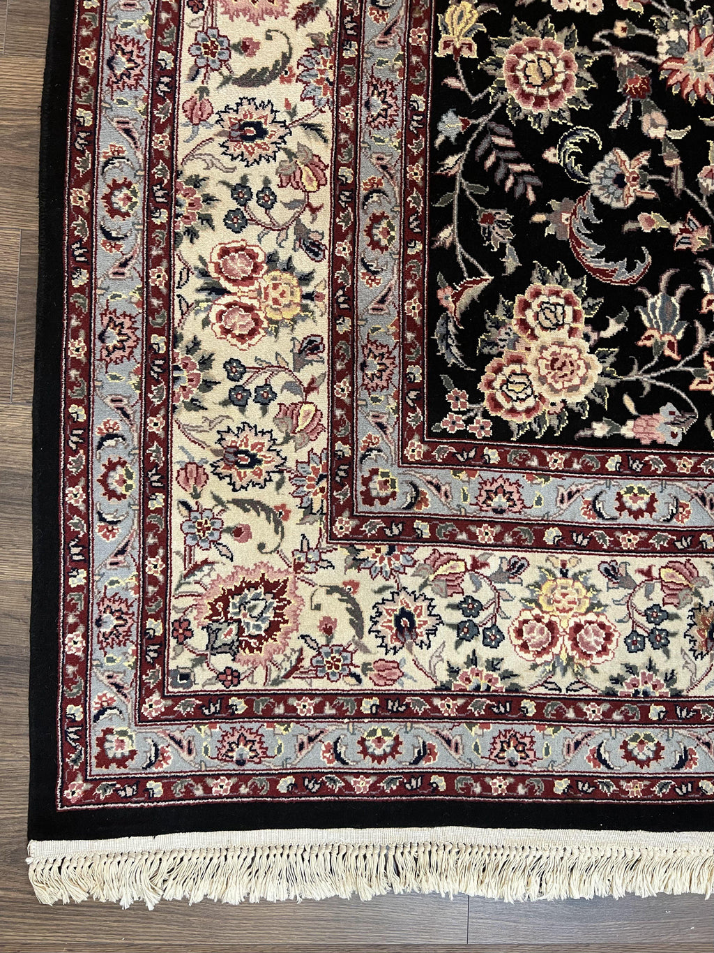 Pak Persian Rug 9x12, Floral Allover, Hand Knotted Oriental Carpet 9 x 12 ft, Black and Cream, Detailed, Wool with Silk Highlights, Vintage