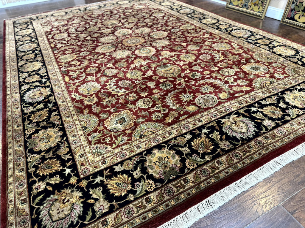 Indian Agra Rug 10x14, Traditional Oriental Carpet, Room Sized Wool Area Rug, Floral, Maroon