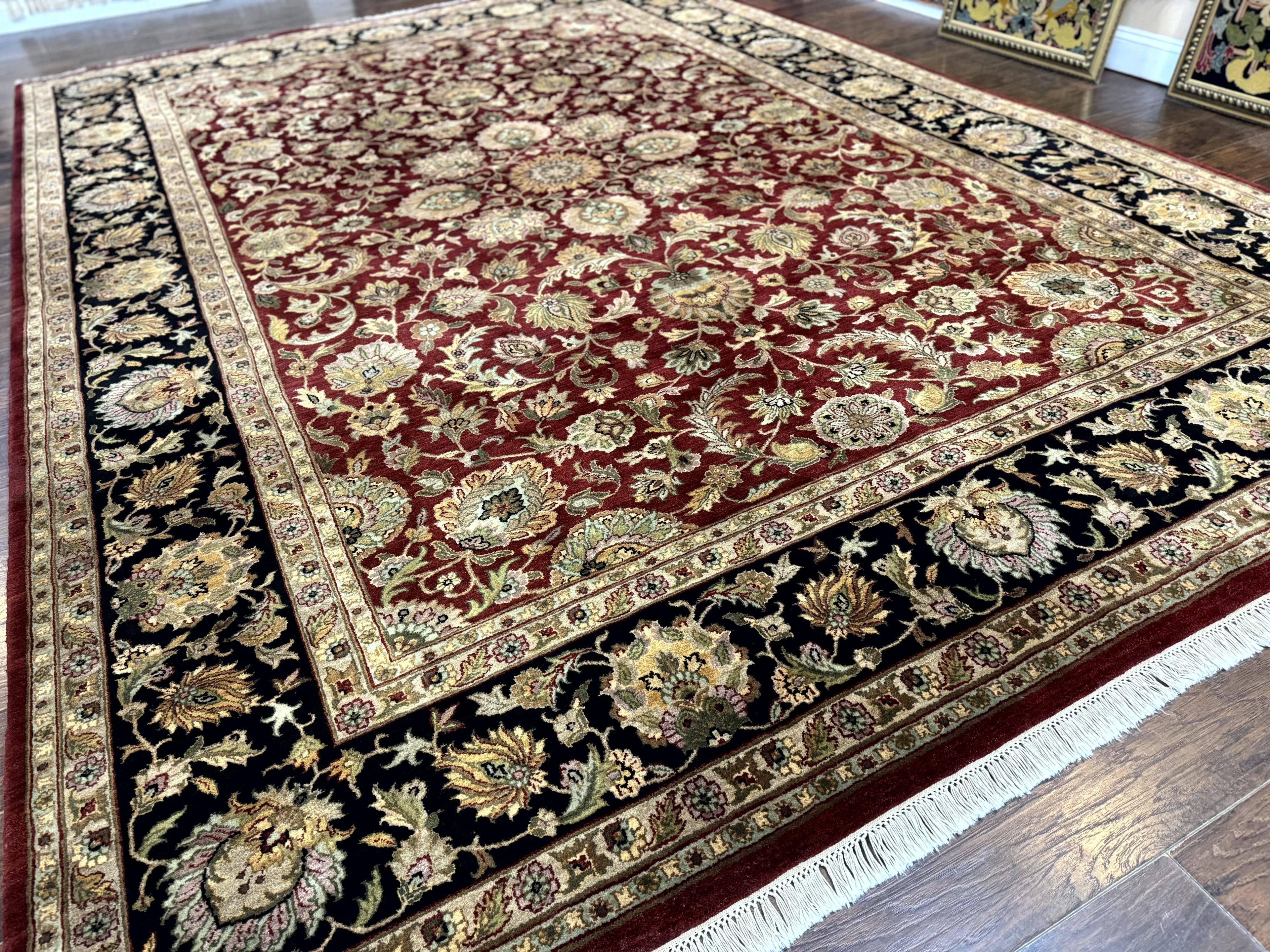 Indian Agra Rug 10x14, Traditional Oriental Carpet, Room Sized Wool Area Rug, Floral, Maroon