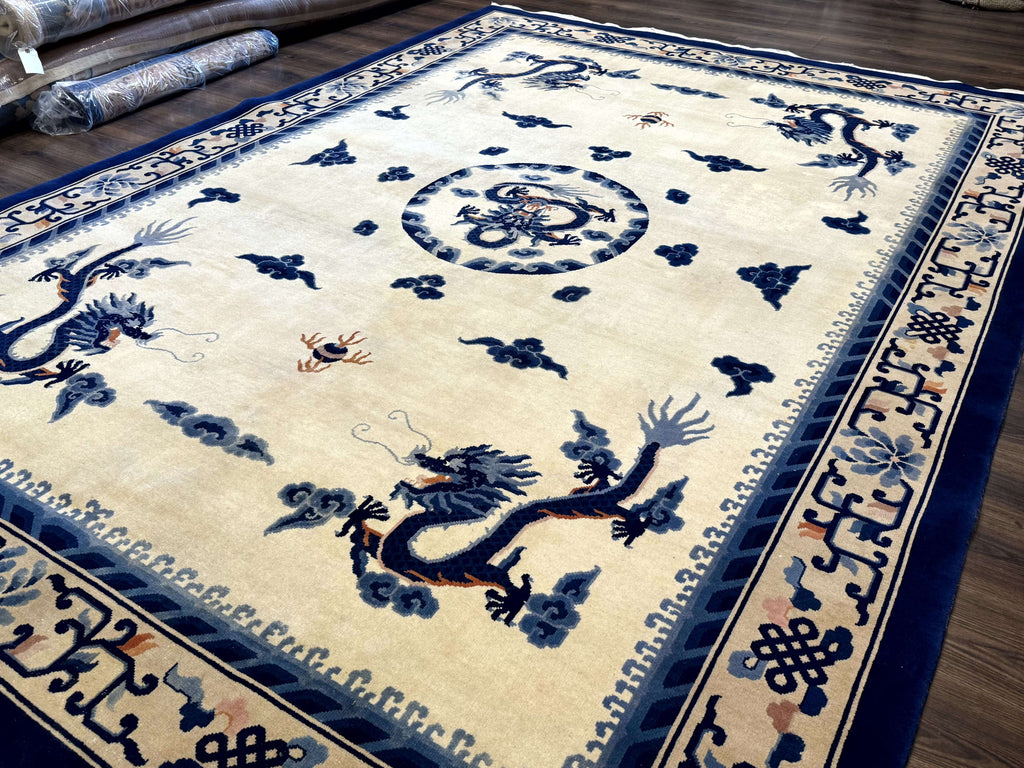 Chinese Dragon Peking Rug 8 x 11.6, Ivory and Blue, Chinese Wool Rug, Vintage