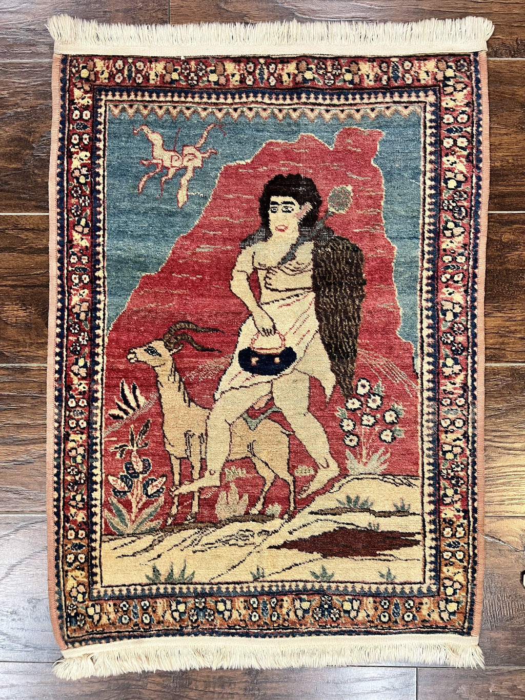 Antique Persian Kirman Rug 2 x 2.5, Small Hand Knotted Wool Carpet, Lavar Rug, Shepherd with Ram Pictorial Rug #1