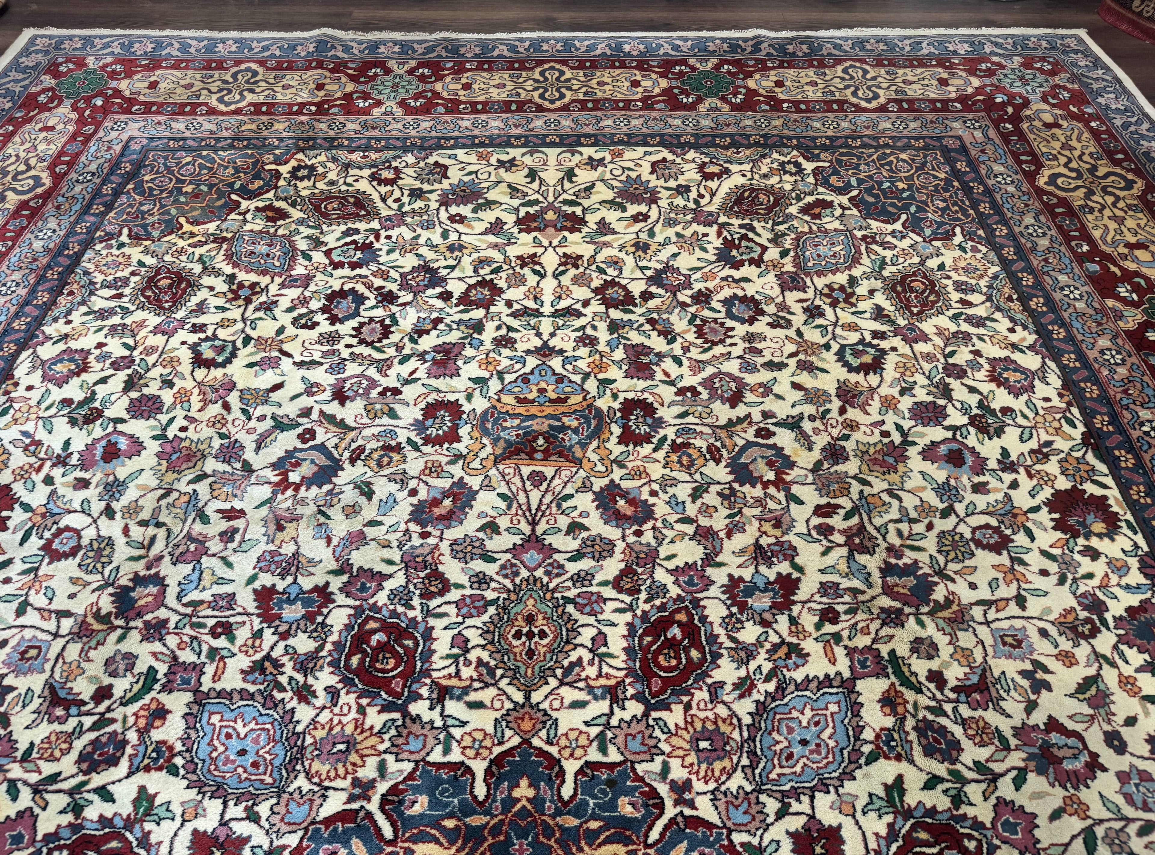 Persian Mashad Rug 10x16, Palace Size Handmade Wool Carpet, Cream Red, Floral Medallion, Vintage
