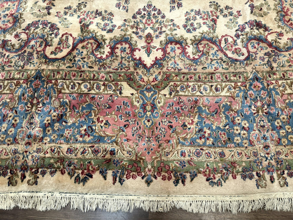 Palace Size Persian Kerman Rug 11x20 ft, Very Fine 340 KPSI, Vintage Oversized Wool Handmade Large Persian Carpet, Beige Light Blue Pink