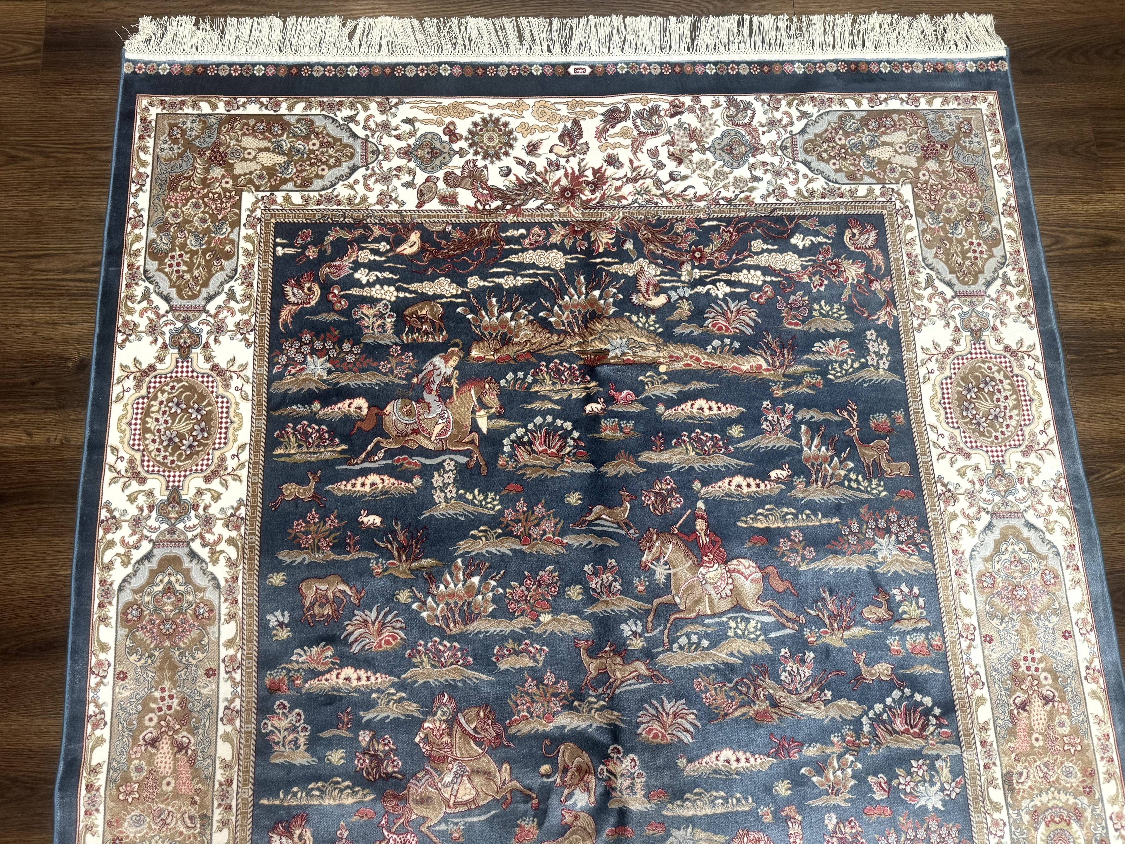Turkish Silk Rug 5x8, Hunting Design, Animal Pictorials, Steel Blue & Ivory, Bamboo Silk