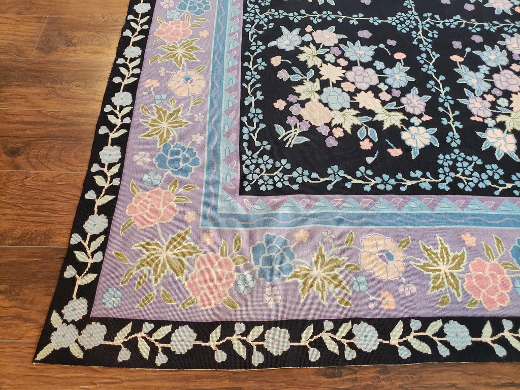 Chinese Needlepoint Rug 8 x 11.4, Hand-Woven Area Carpet, Flatweave Rug, Black Blue Light Violet Floral Garden European Design Wool Aubusson