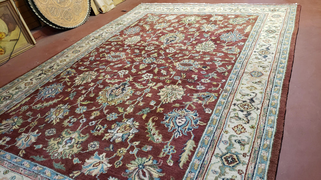 8x12 Indo-Mahal Rug, Floral Allover, Red & Beige, Wool Vintage Handmade Traditional Carpet