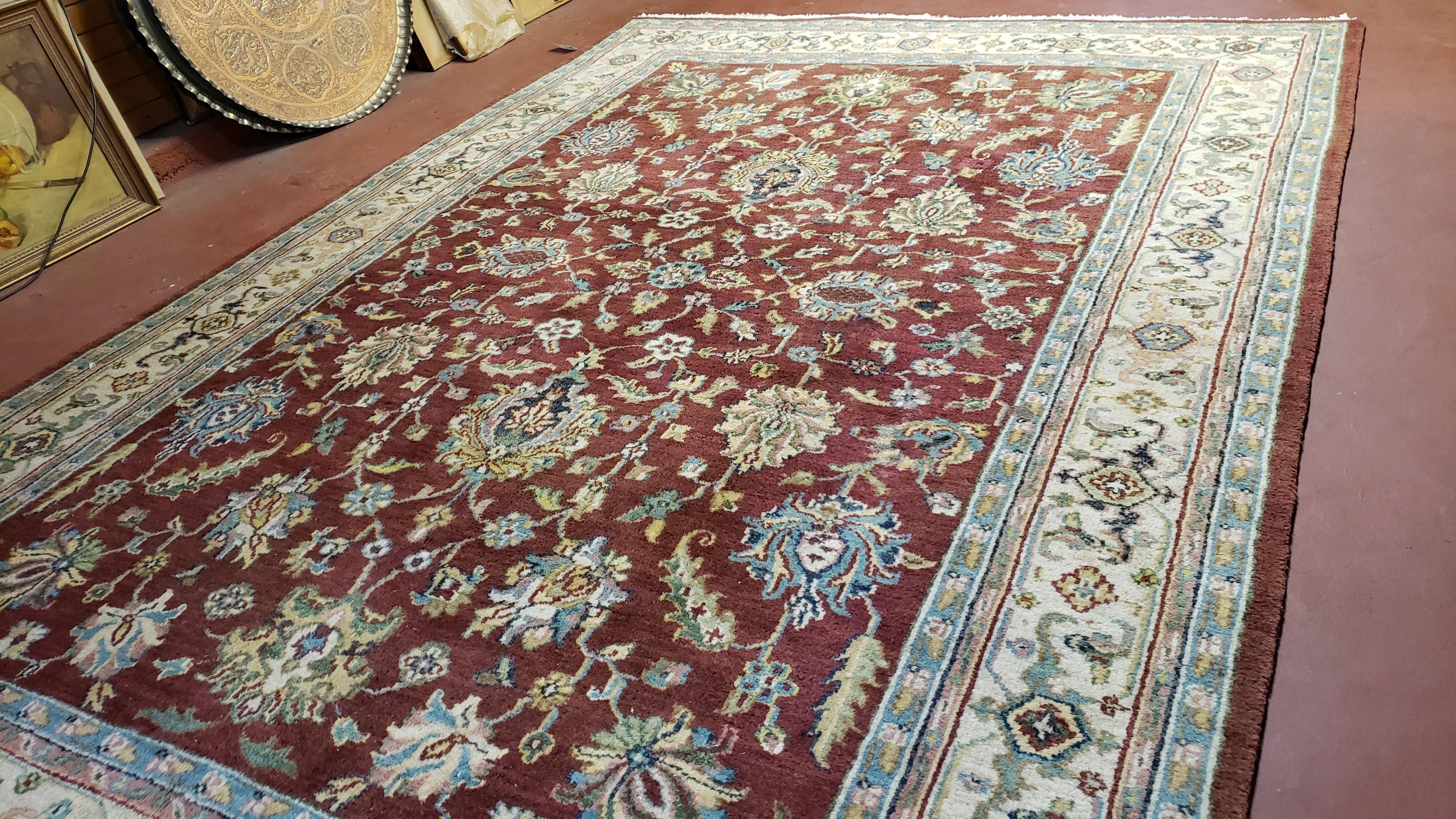 8x12 Indo-Mahal Rug, Floral Allover, Red & Beige, Wool Vintage Handmade Traditional Carpet