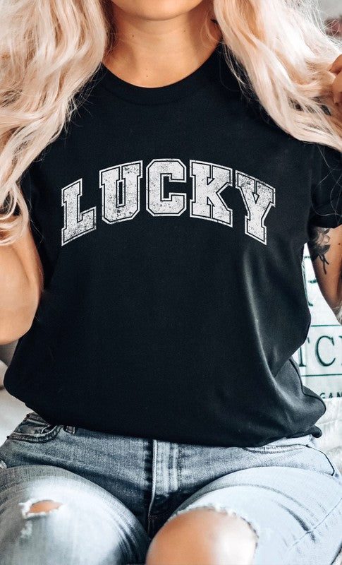 Distressed Varsity Lucky St Patricks Graphic Tee T-Shirt