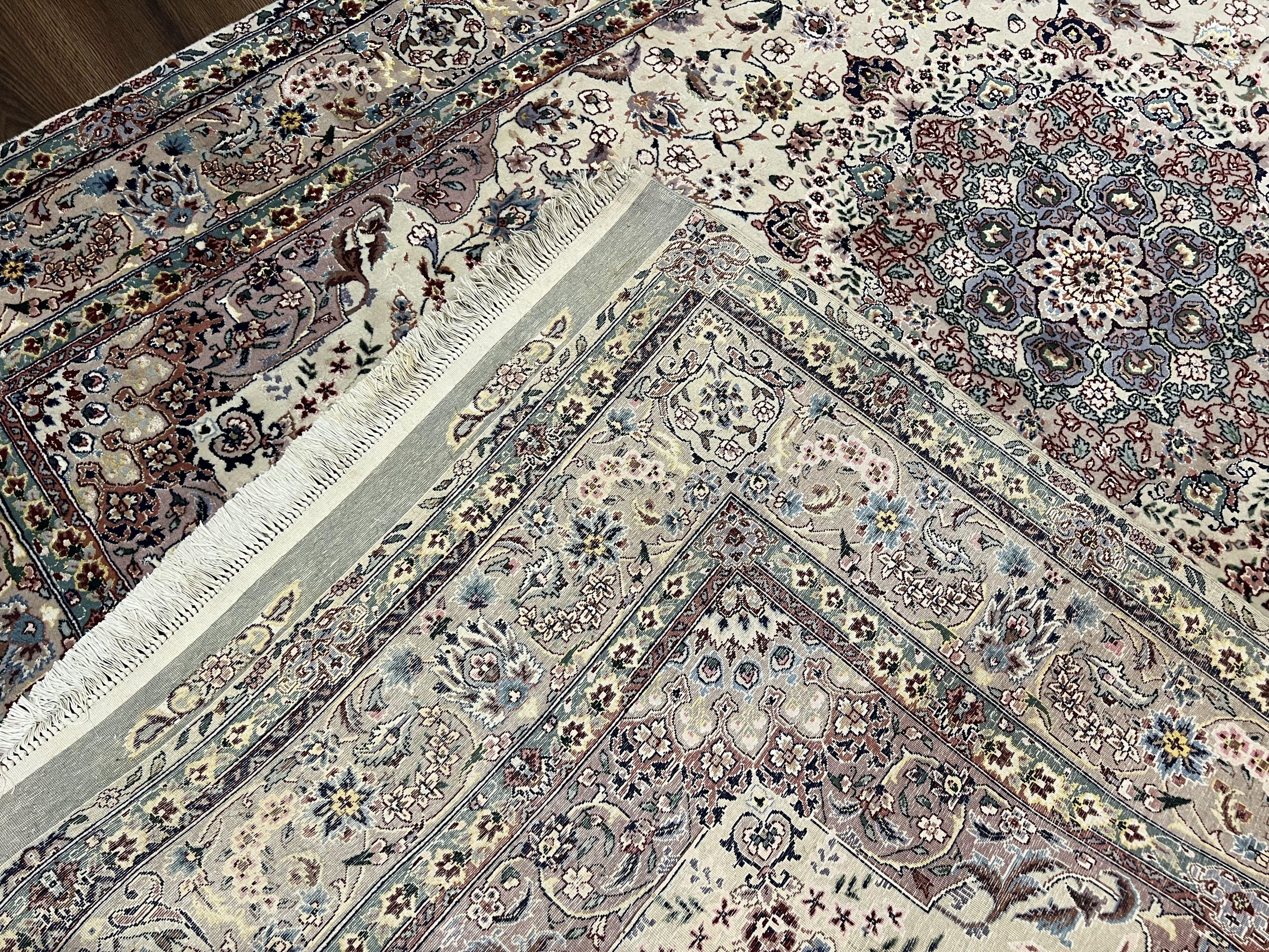Beautiful Pak Persian Rug 6x9, Floral Medallion, Wool and Silk, Highly Detailed Elegant Carpet, Vintage Oriental Rug 6 x 9, Cream and Gray