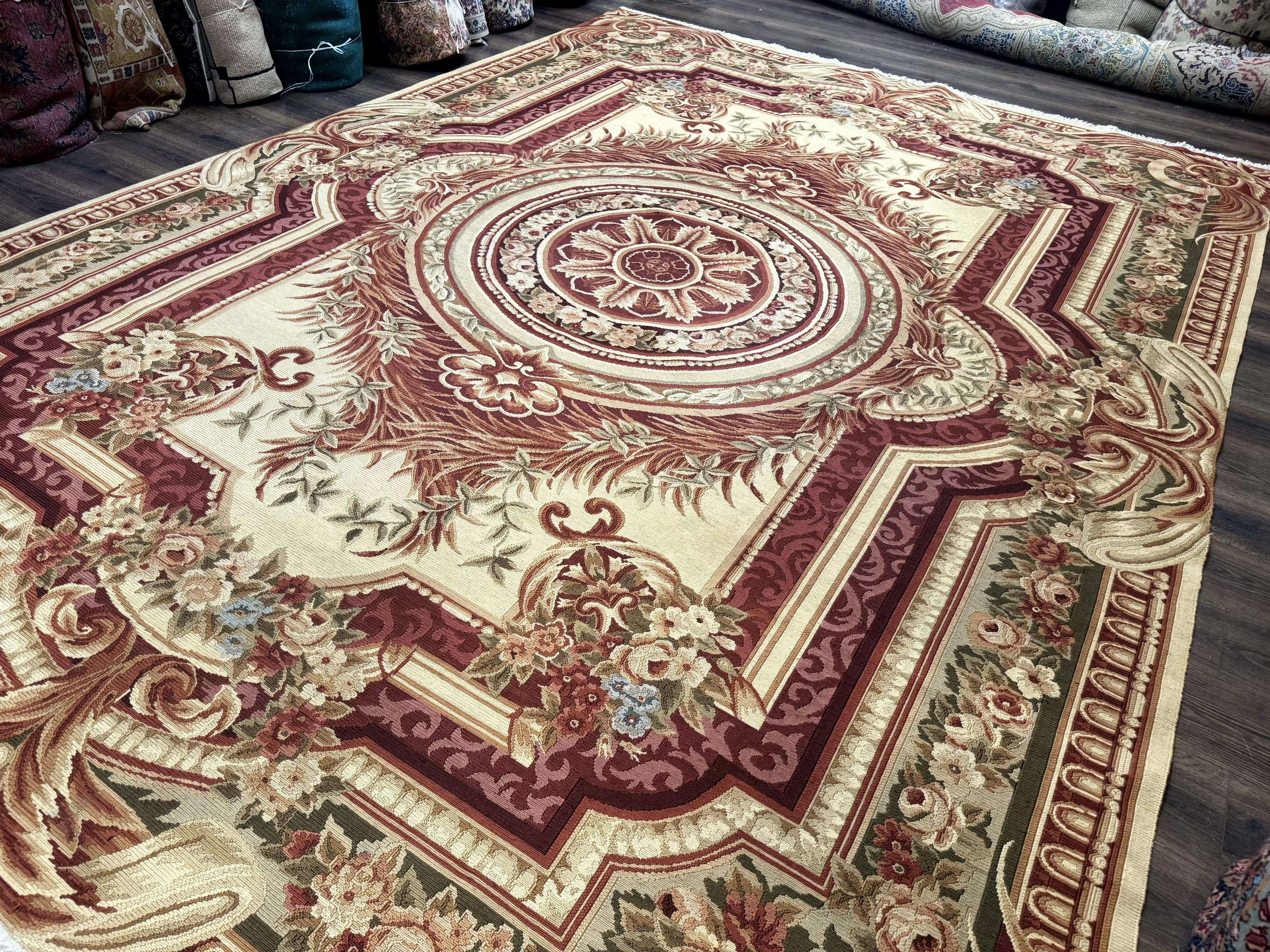Large Aubusson Rug 10x13, Thick Flatweave Carpet, Elegant European Design, Cream and Raspberry