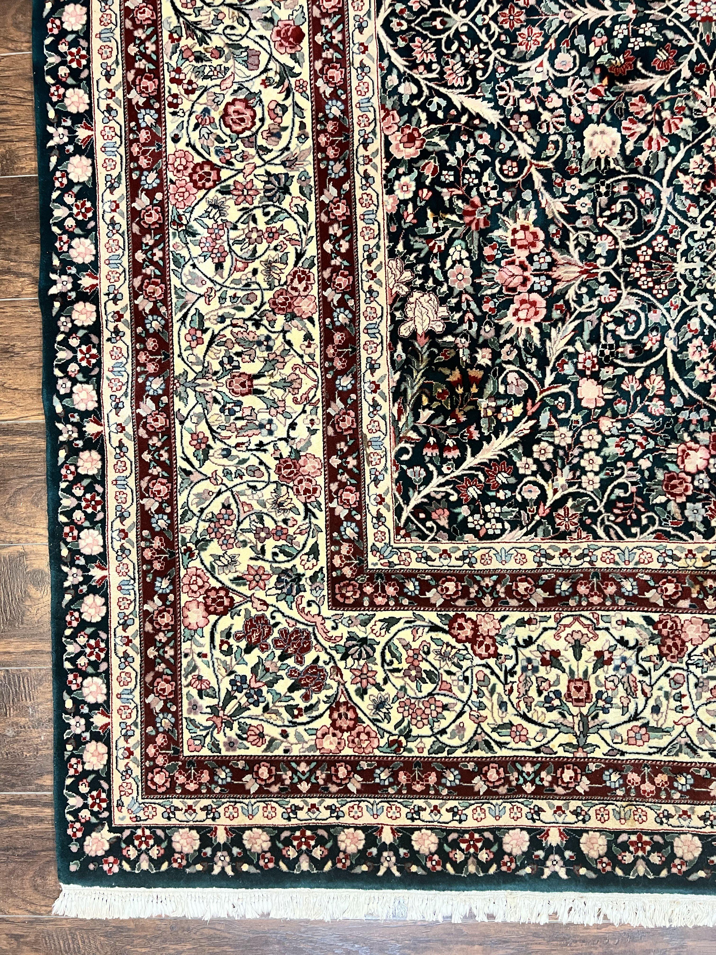 Large Sino Persian Rug 10x14, Wool Hand Knotted Vintage Carpet, Dark Green & Beige, Kirman Floral Rug, Fine Weave, Traditional, Large