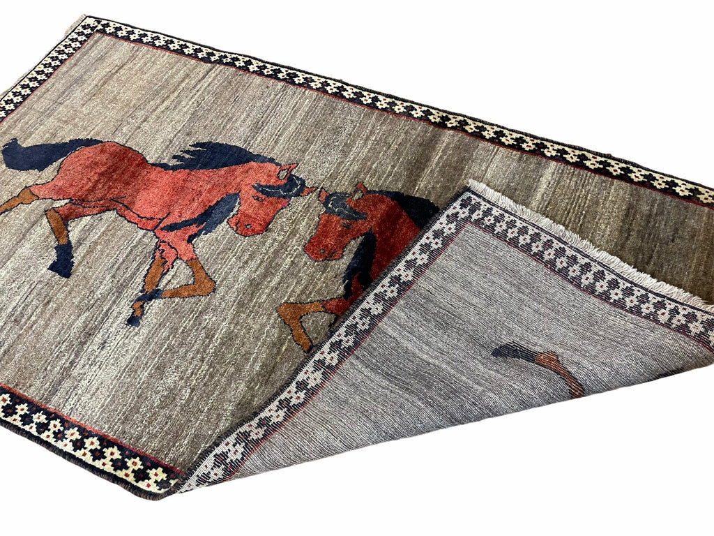 4 X 7 Handmade Hand-Knotted Quality Wool Rug Pictorial Horses Veggie Dyes Tribal