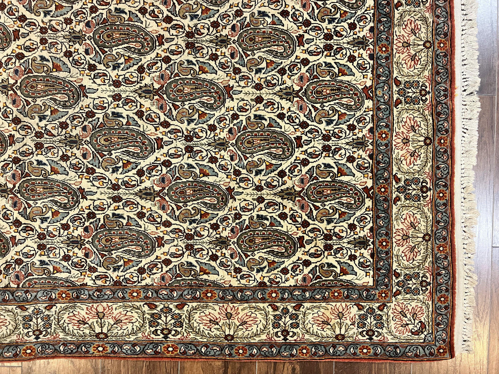 Persian Qum Rug 5x6, Cream Wool Hand Knotted Carpet, Repeated Boteh Paisely Design, Semi Antique Vintage Rug, Very Fine Weave 5 x 6 Rug