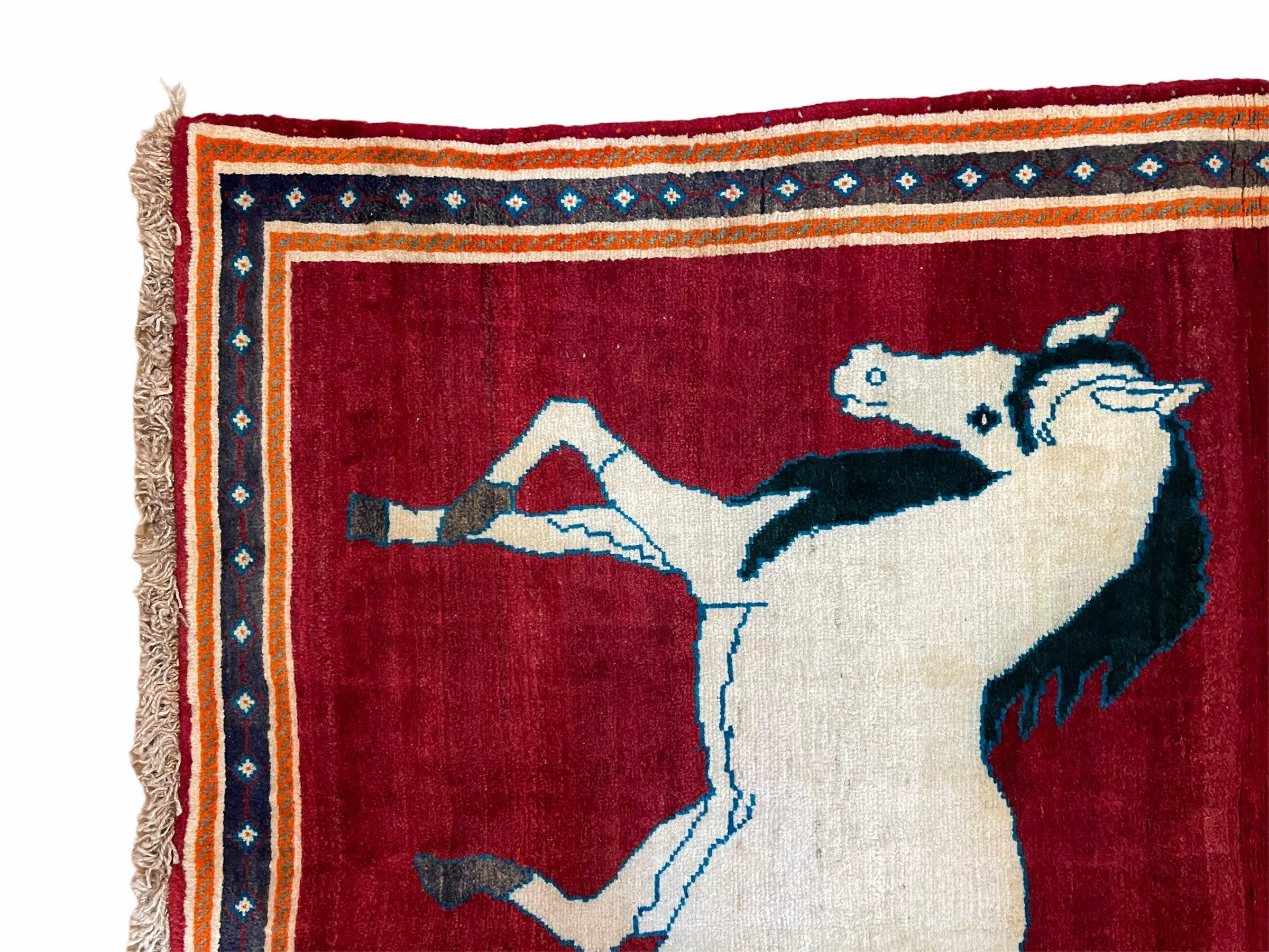 3.5 X 6 Handmade Hand-Knotted New Vintage Rug Quality Wool White Horses Red
