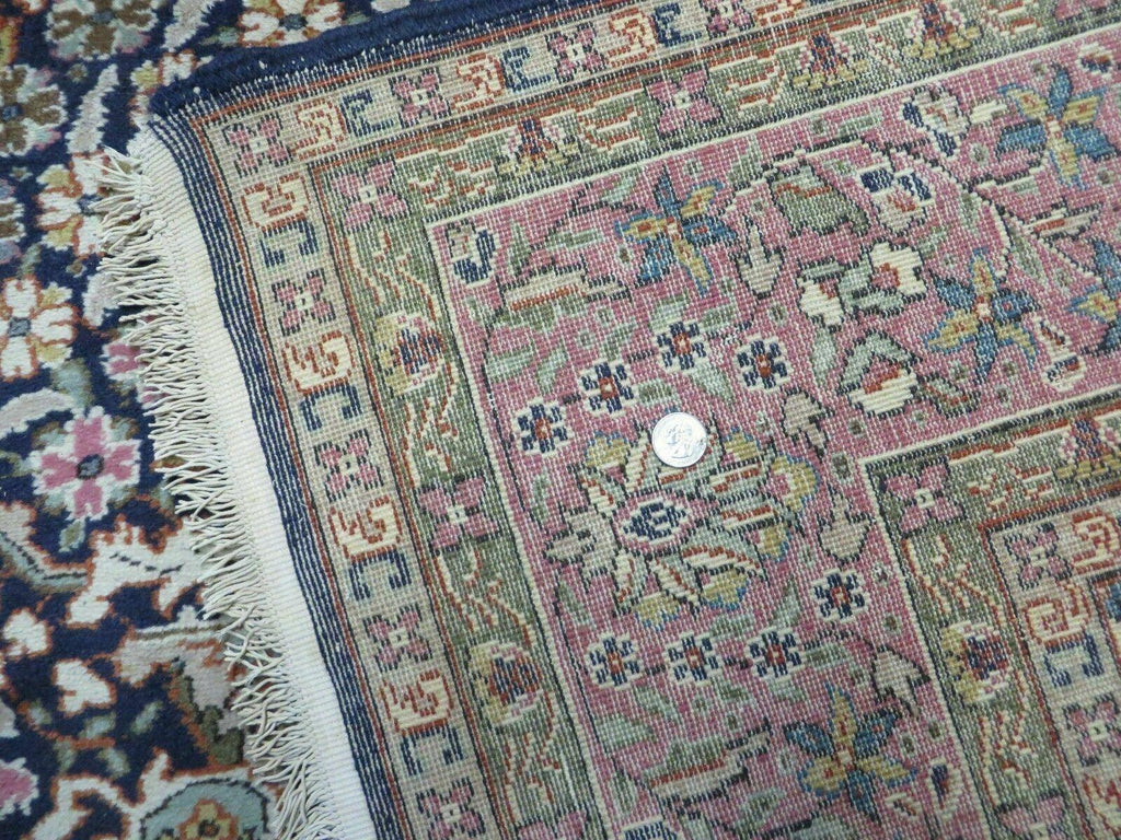 Turkish Sivas Rug 7x11, Navy Blue & Pink, Millifluer Floral Wool Carpet, Vintage