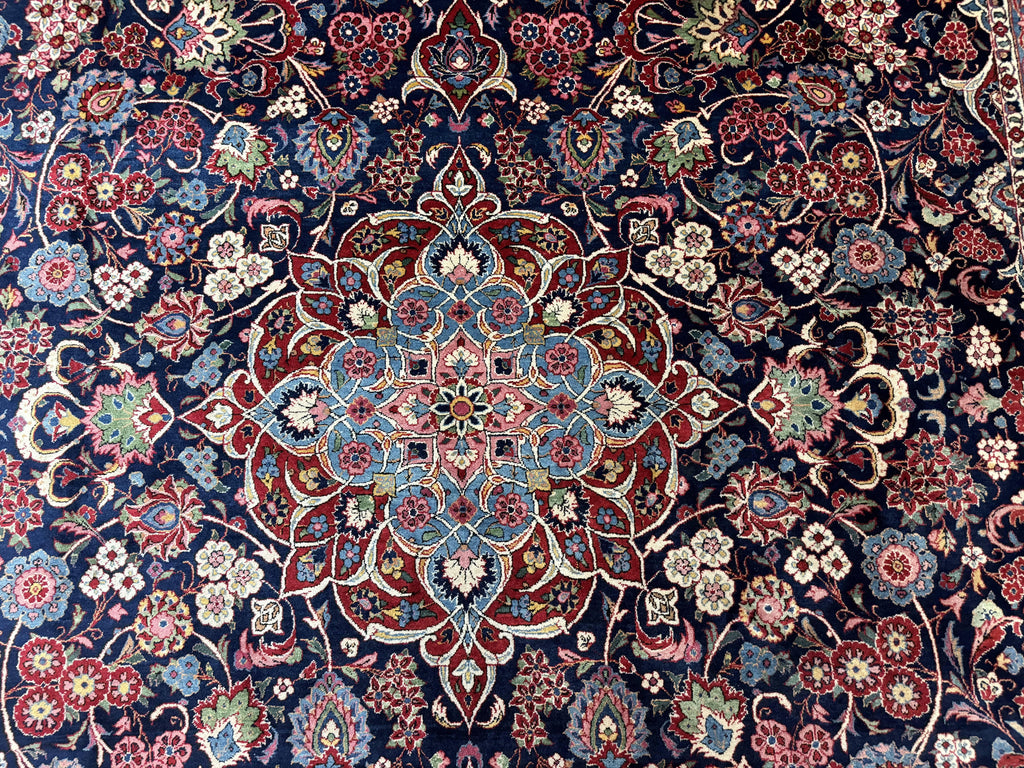 Navy Blue Persian Rug 9x12, Antique Persian Carpet, Kork Wool, 200 KPSI, Persian Kashan Rug