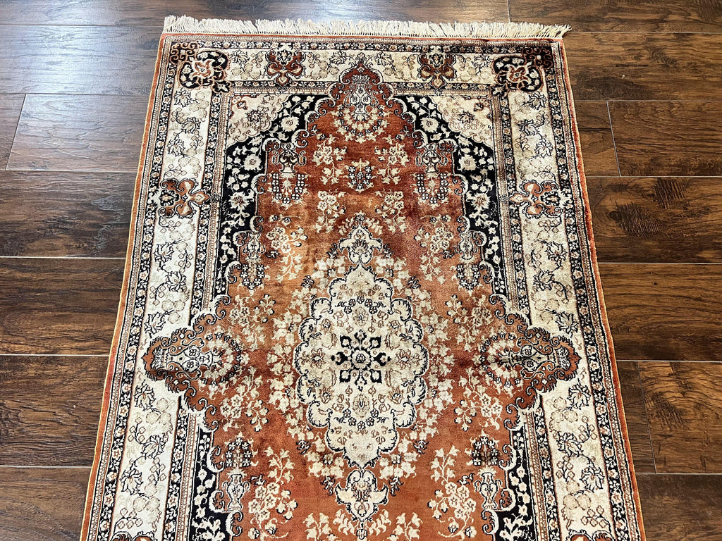 Turkish Silk Rug 3x5, Very Fine 400 KPSI, Floral Medallion, Hand Knotted