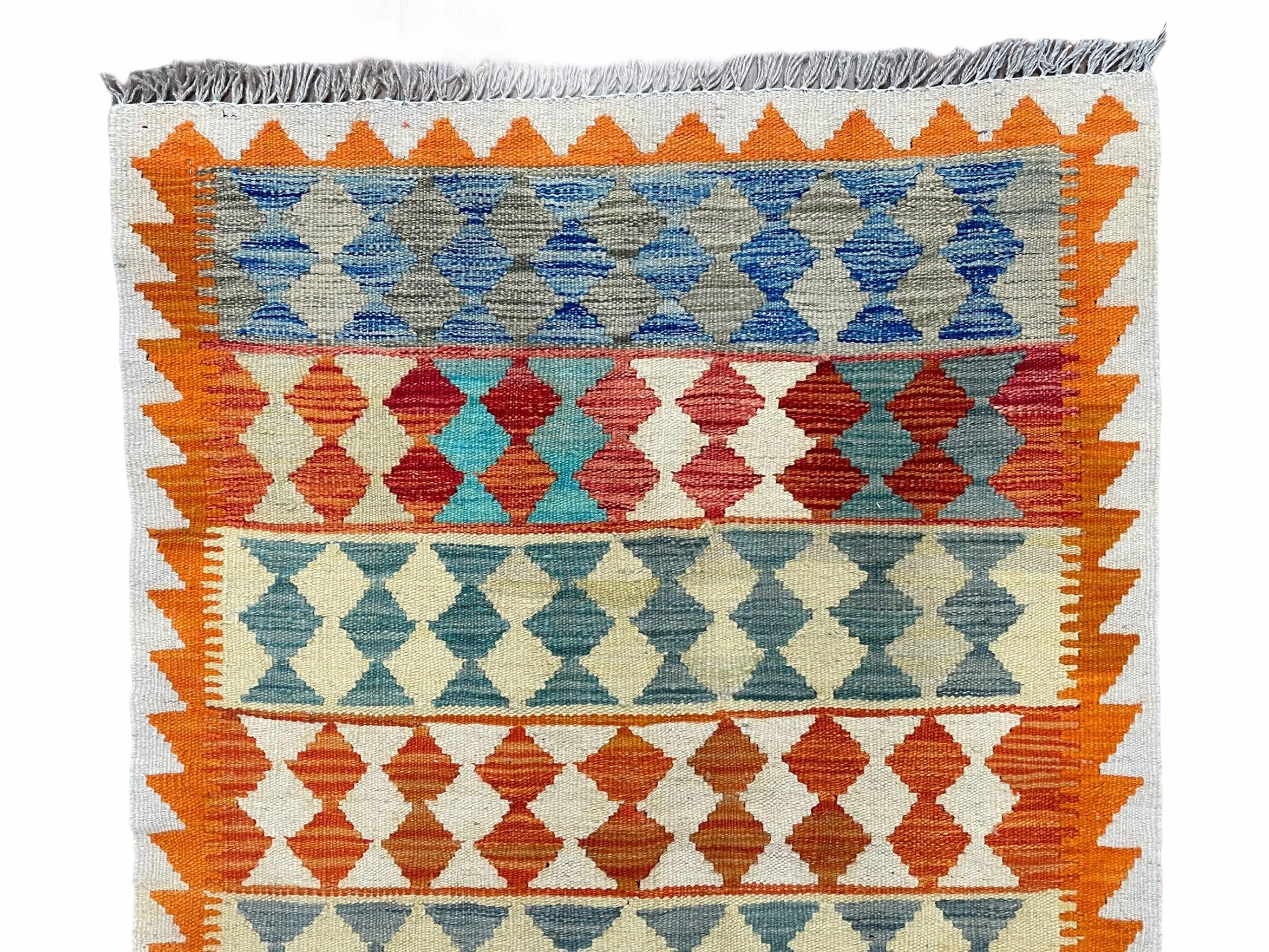 Small Chobi Kilim Rug 3x4 Colorful Diamond Kilim Small Turkish Multicolor Kilim with Diamond Pattern Wool Flatweave Nice