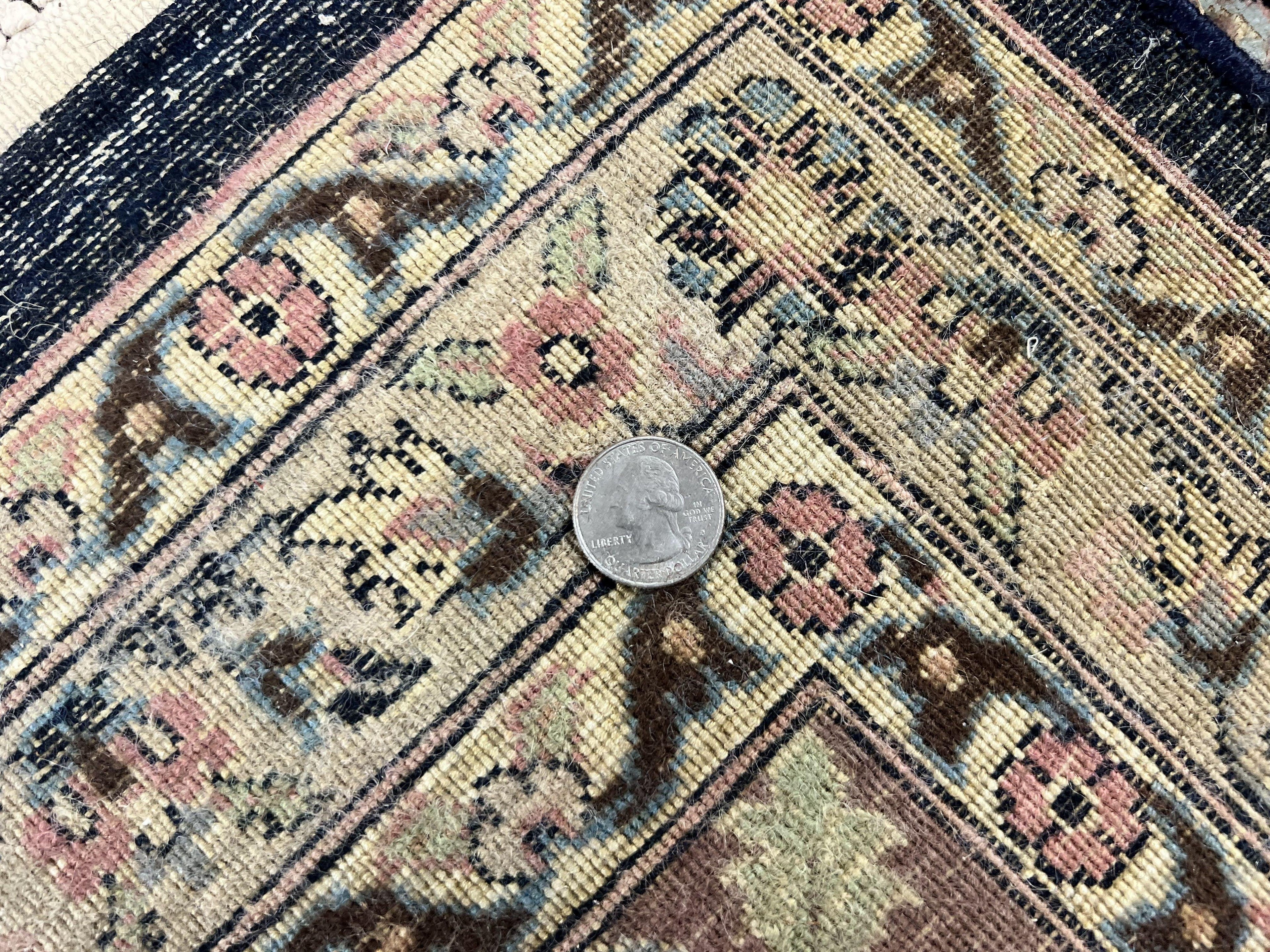 Sino Persian Rug 9x12, Navy Blue and Pink Hand Knotted Wool and Silk Highlights Vintage Oriental Carpet, Handmade Floral Area Rug 9 x 12 ft