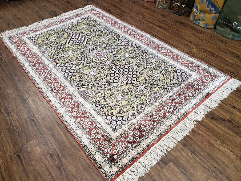 5x8 Indian Kashmiri Silk Rug with Gold Threads