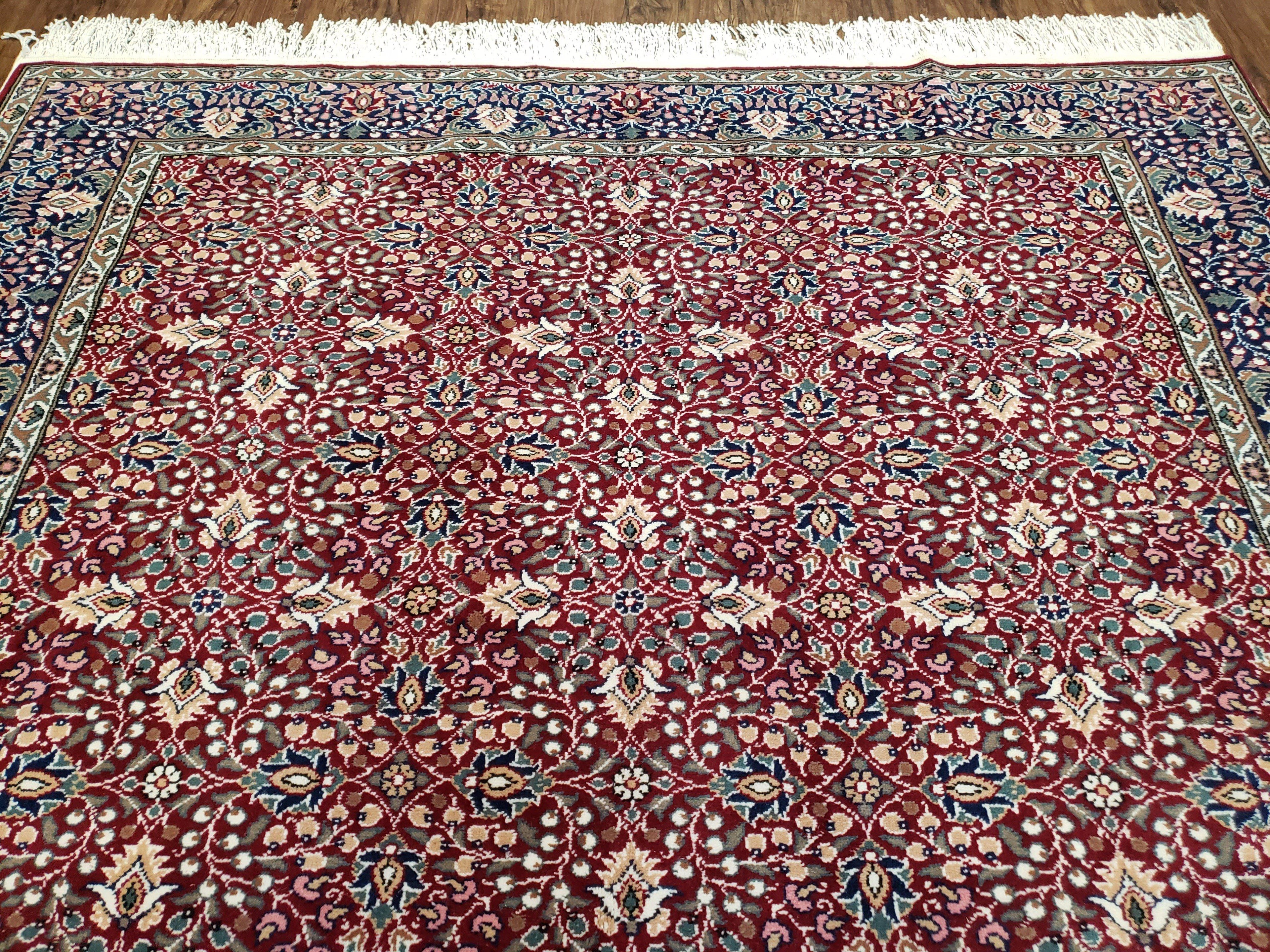 Vintage Turkish Sivas Area Rug 6.5 x 9.5, Wool Hand-Knotted Red & Midnight Blue Allover Floral Pattern Oriental Carpet, 6x9 Traditional Rug