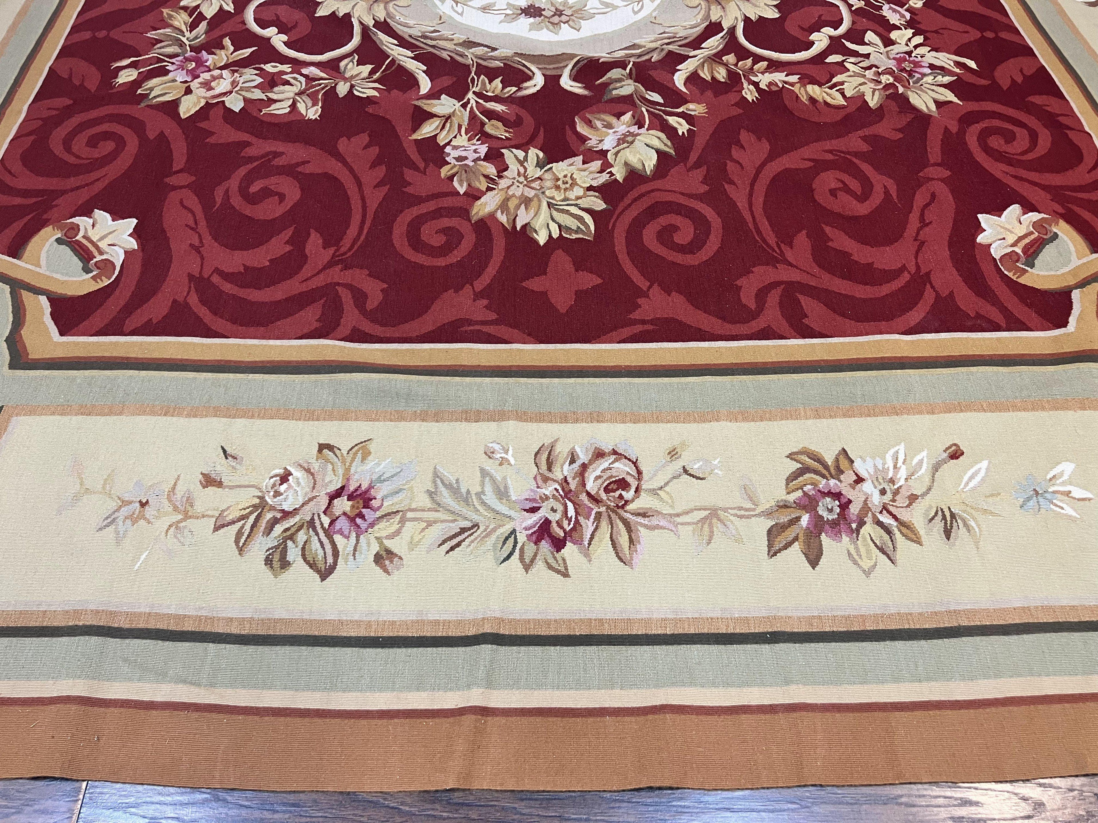 Large Aubusson Rug 10x14, Wool Handmade Vintage Carpet, Dark Red Ivory Tan, French European Elegant Aubusson Weave Rug