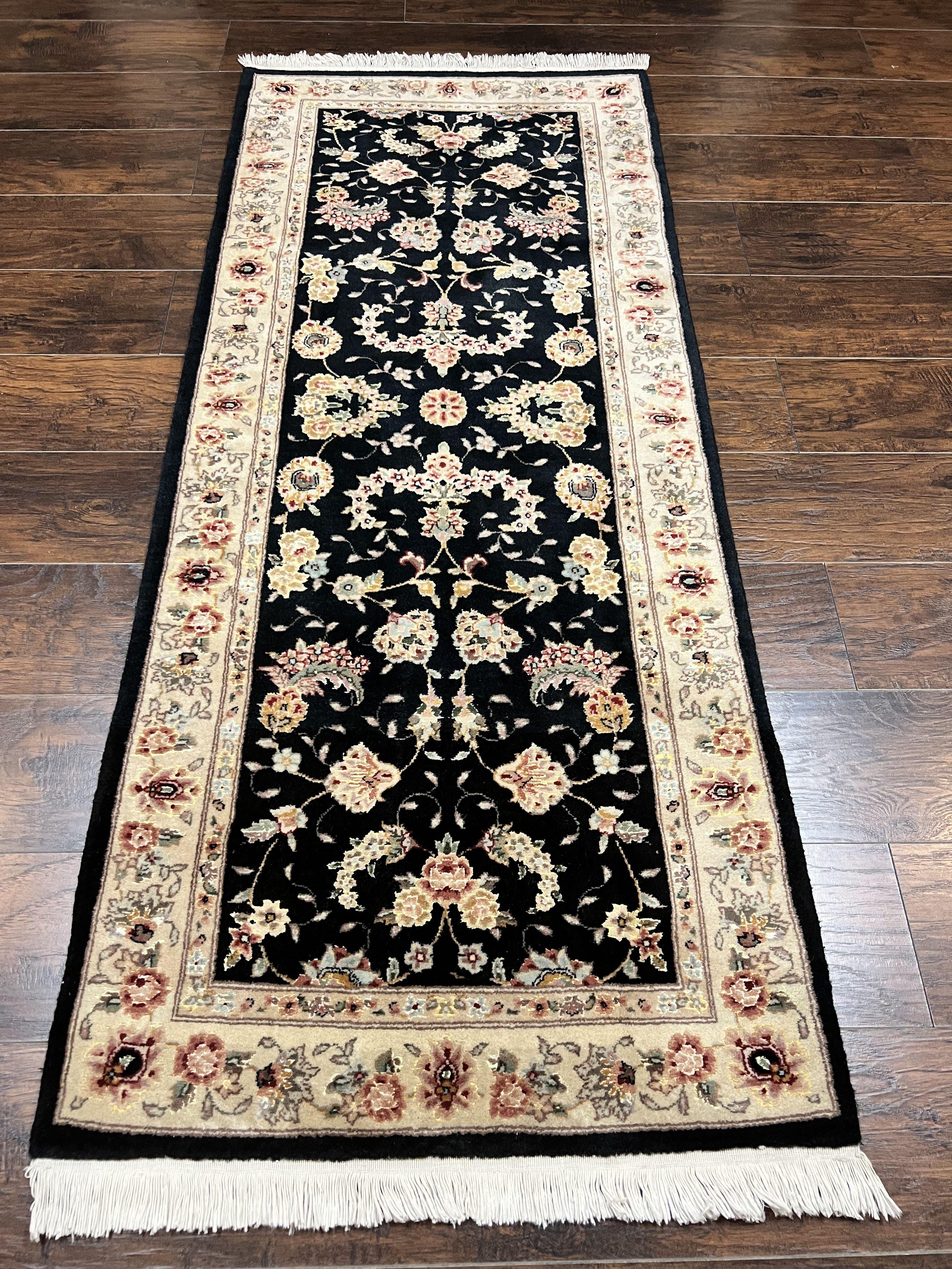 Sino Persian Short Runner Rug 2.7 x 6, Wool and Silk Highlights Black and Beige Handmade Vintage Floral Allover Oriental Carpet, Hallway Rug
