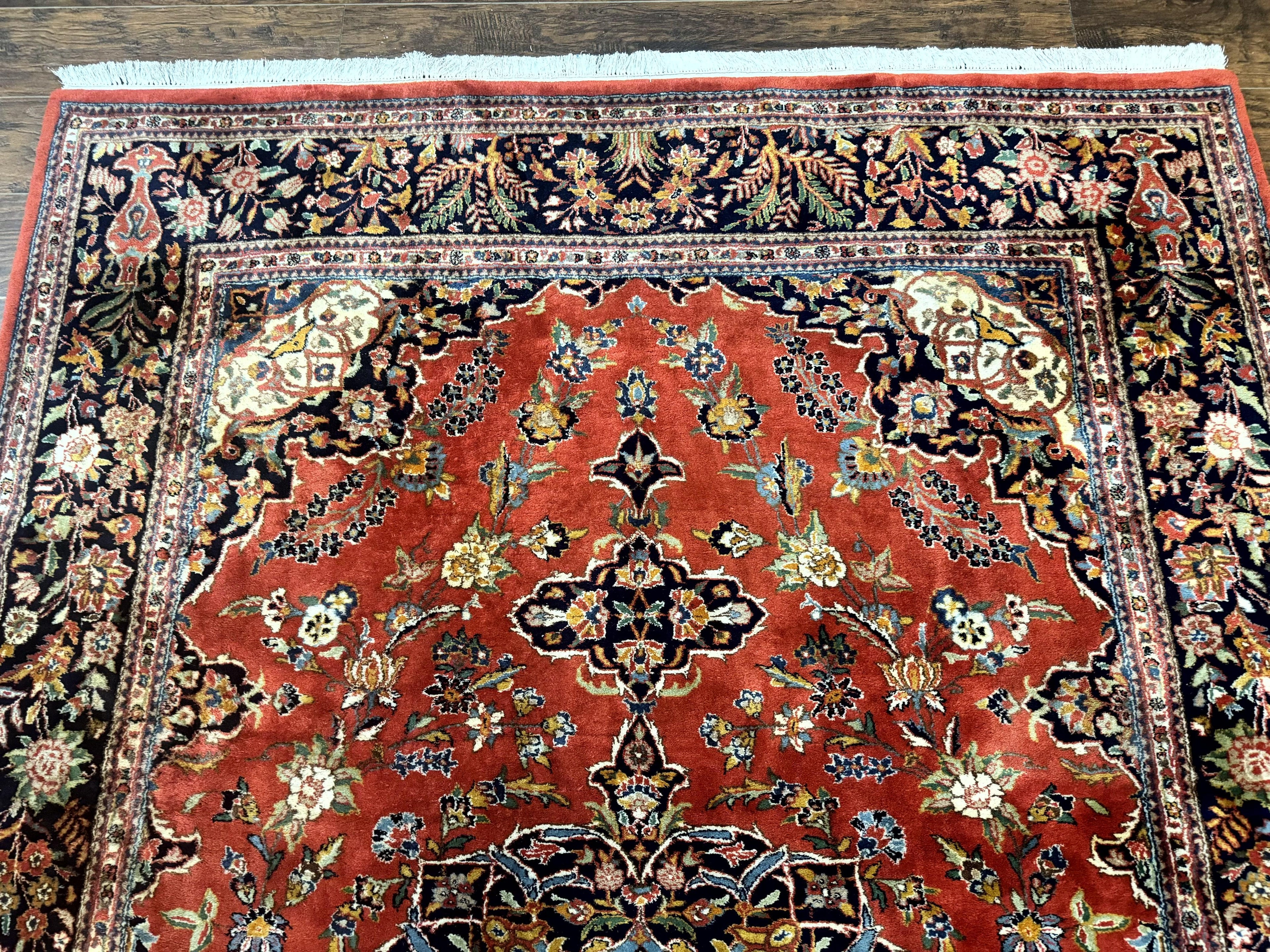 Indo Persian Rug 7x10, Vintage Handmade Wool Carpet, Floral Medallion Traditional Rug, Red and Midnight Blue