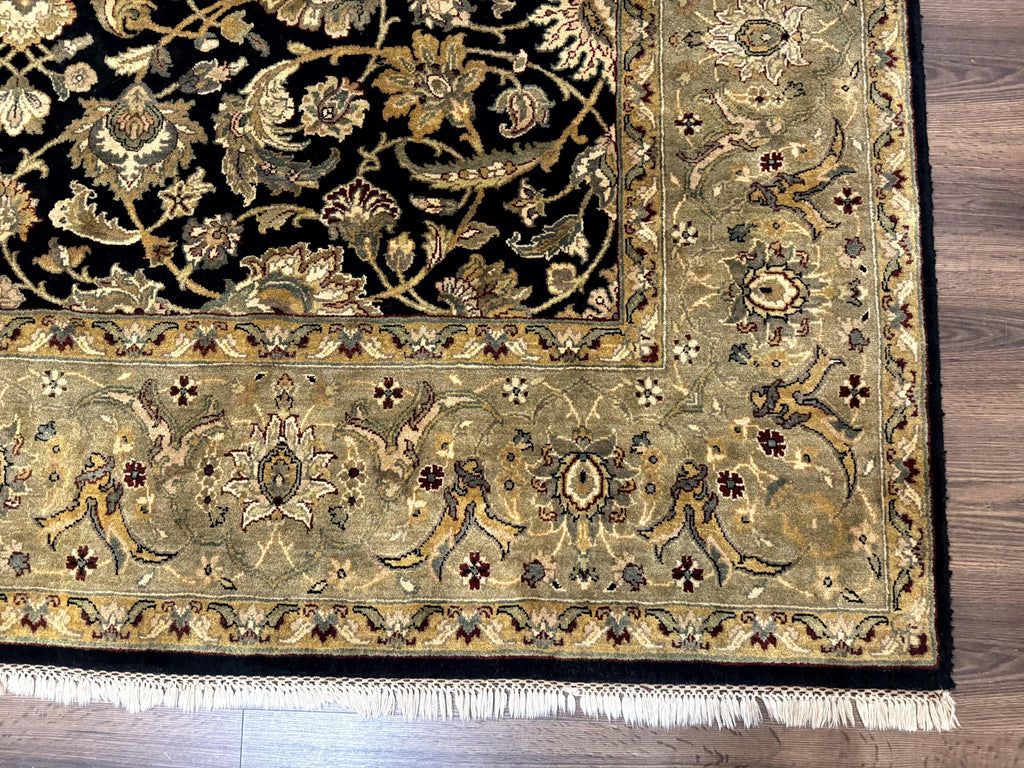 Indo Persian Rug 8x10, Black and Green, Wool, Handmade, Traditional, Floral Allover, Vintage