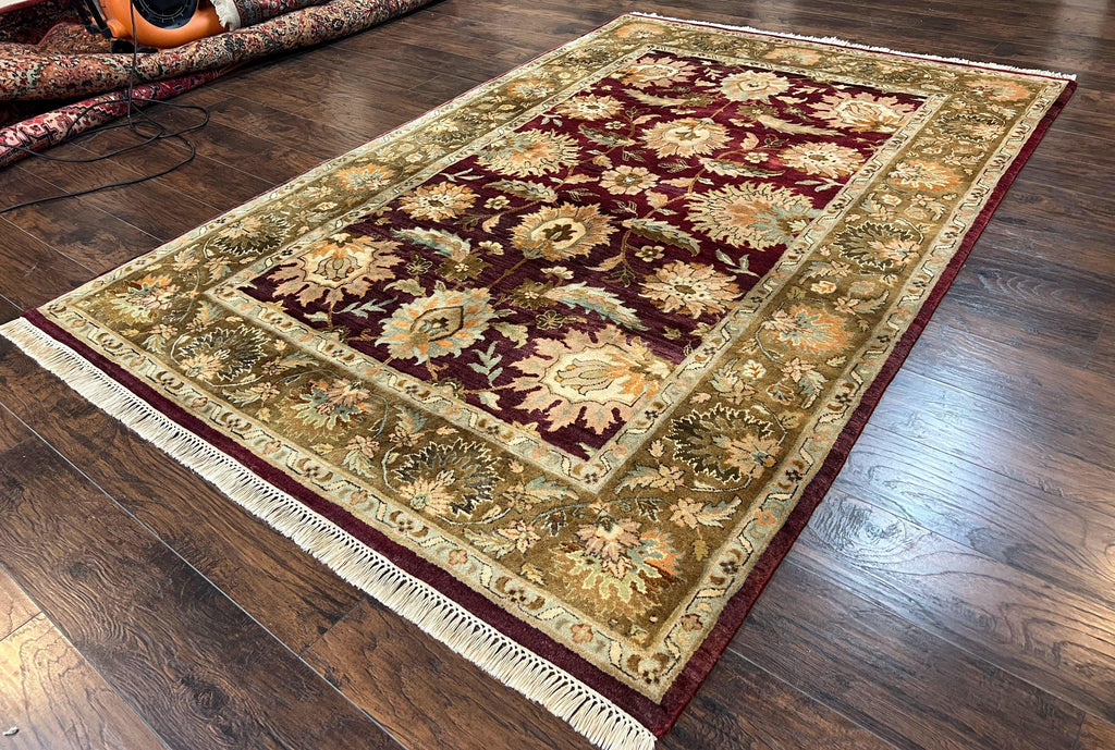 Indo Mahal Rug 6x9, Large Flowers Allover, Maroon and Green, Handmade Wool Area Rug, Vintage Rug, Indian Oriental Carpet, Hand Knotted Rug