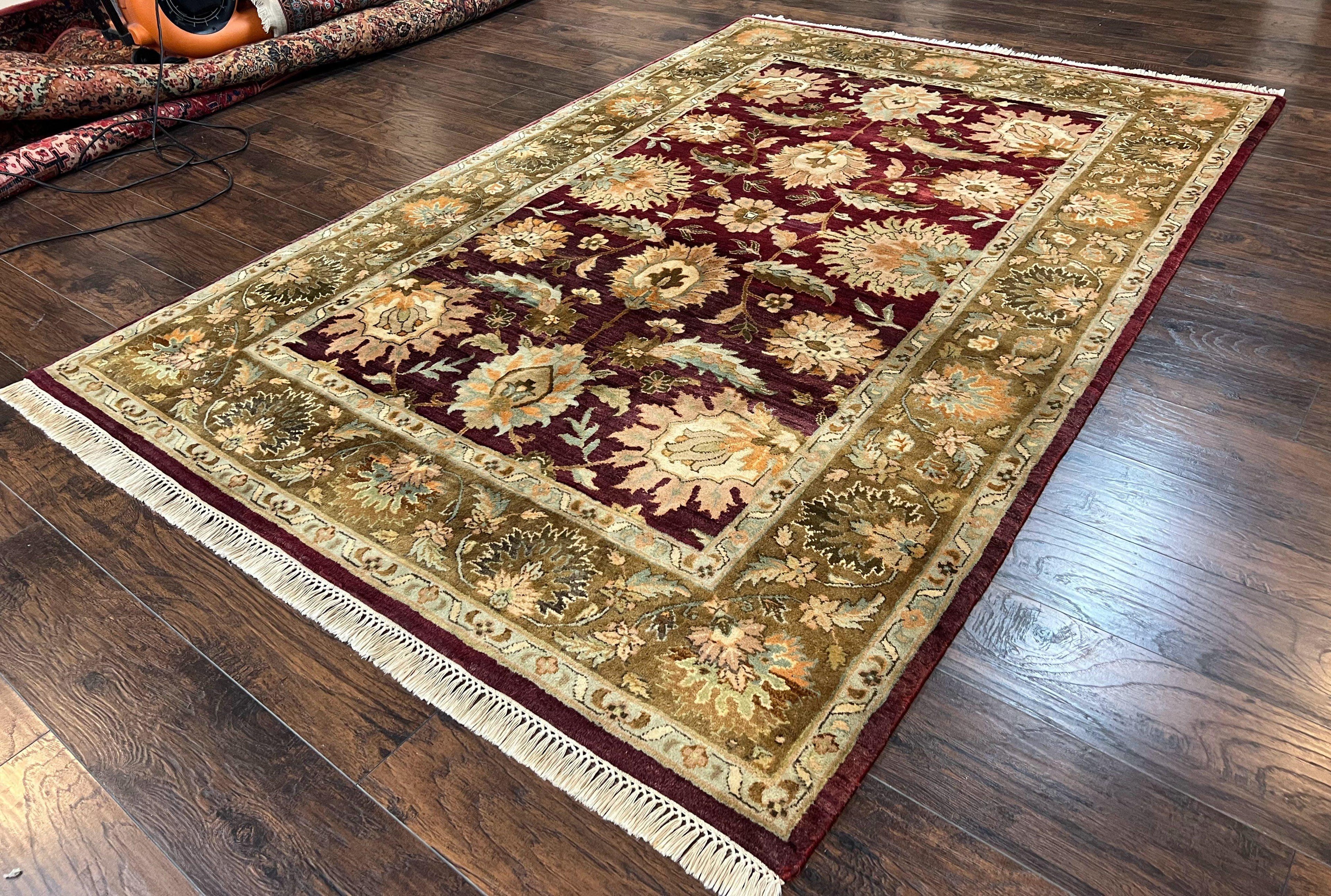 Indo Mahal Rug 6x9, Large Flowers Allover, Maroon and Green, Handmade Wool Area Rug, Vintage Rug, Indian Oriental Carpet, Hand Knotted Rug