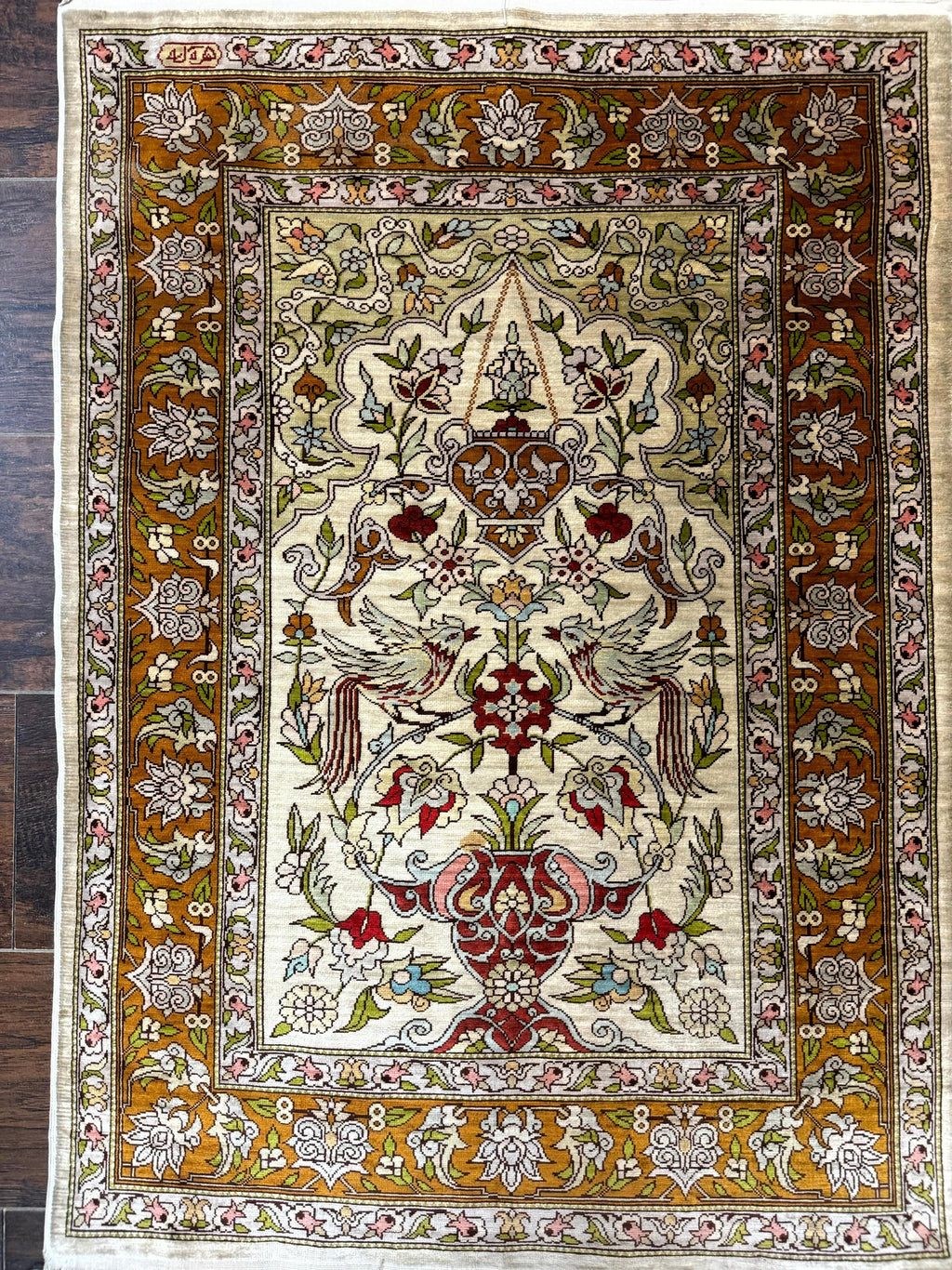 Silk Turkish Hereke Rug 2x3, Birds Lantern Very Fine 400 KPSI, Signed by Masterweaver, Wonderful, Rare, Small Hereke Rug