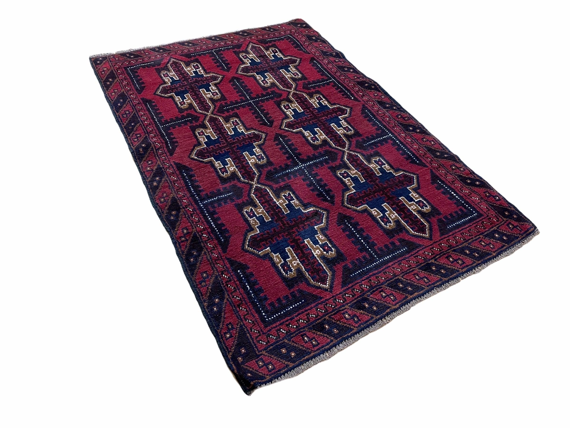 3X5 Vintage Handmade Tribal Wool Rug Balouchi Rug Afghan Rug Red Beige Blue Nice