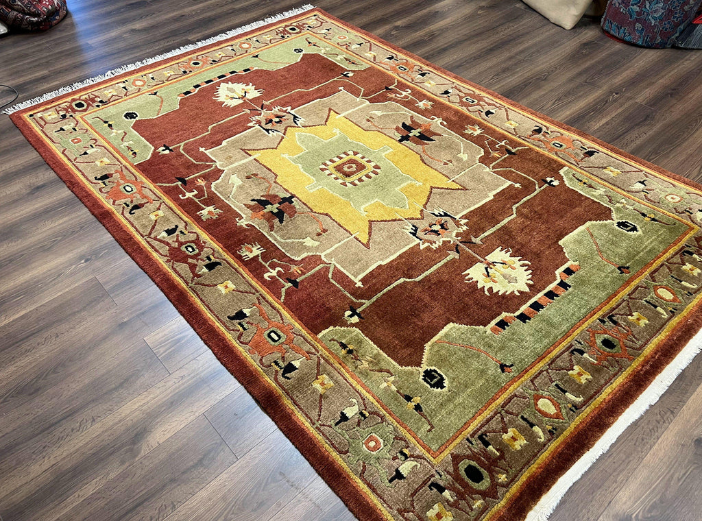 Tibetan Rug 7x10, Geometric Medallion, Red Green Taupe, Hand Knotted, Soft Wool Area Rug, Contemporary Carpet, Handmade Nepali Rug 7 x 10 ft