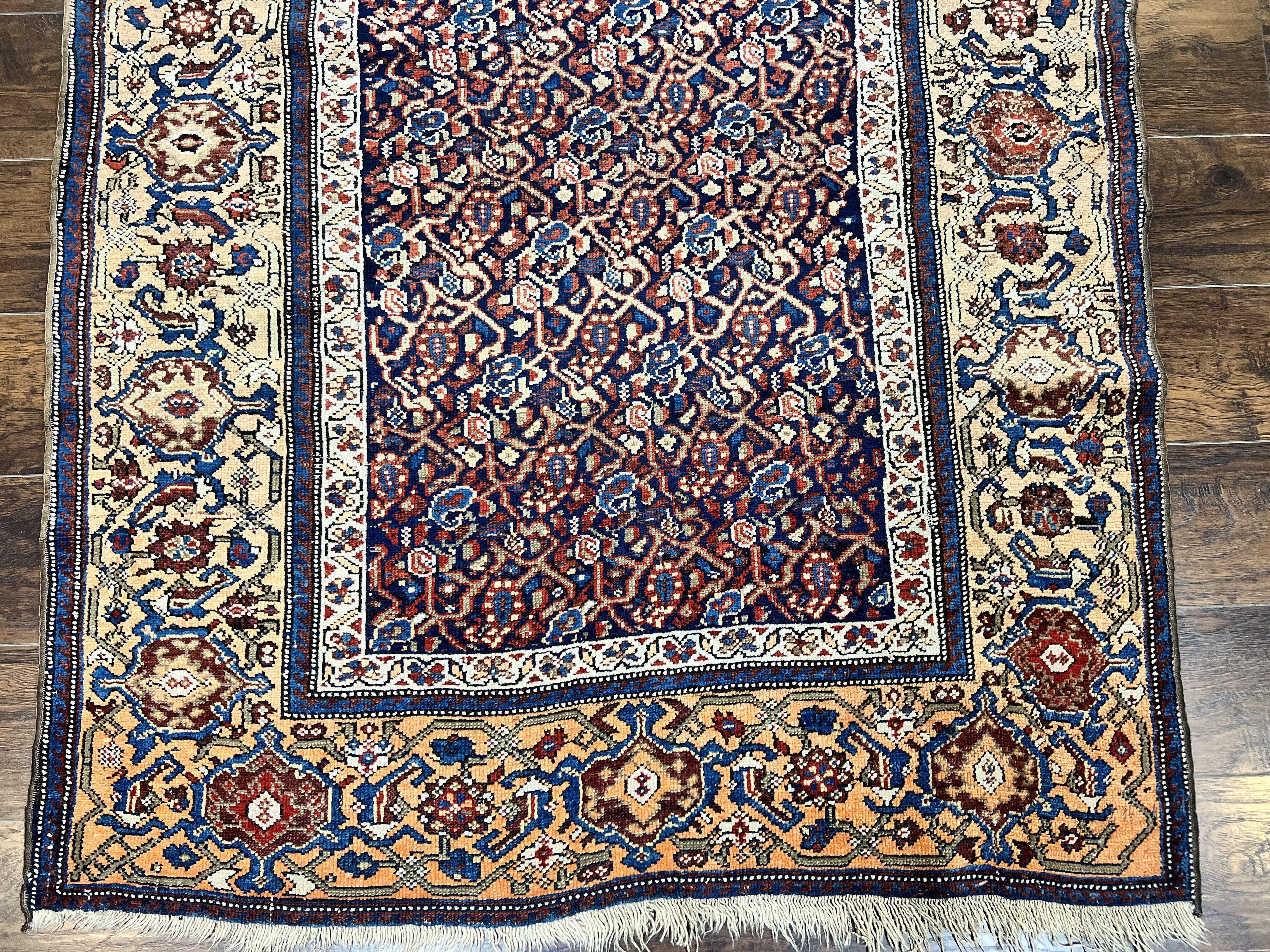 Persian Senneh Rug 4x8, Wool Hand Knotted Antique Kurdish Carpet, Navy Blue Oriental Area Rug, 4 x 8 Rug