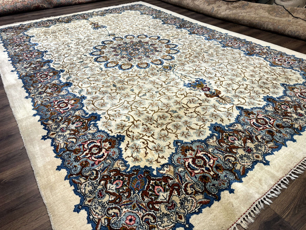 Persian Kashan Rug 9 x 12.6, Ivory and Blue, Floral Medallion, Wool Hand Knotted Semi Antique Carpet