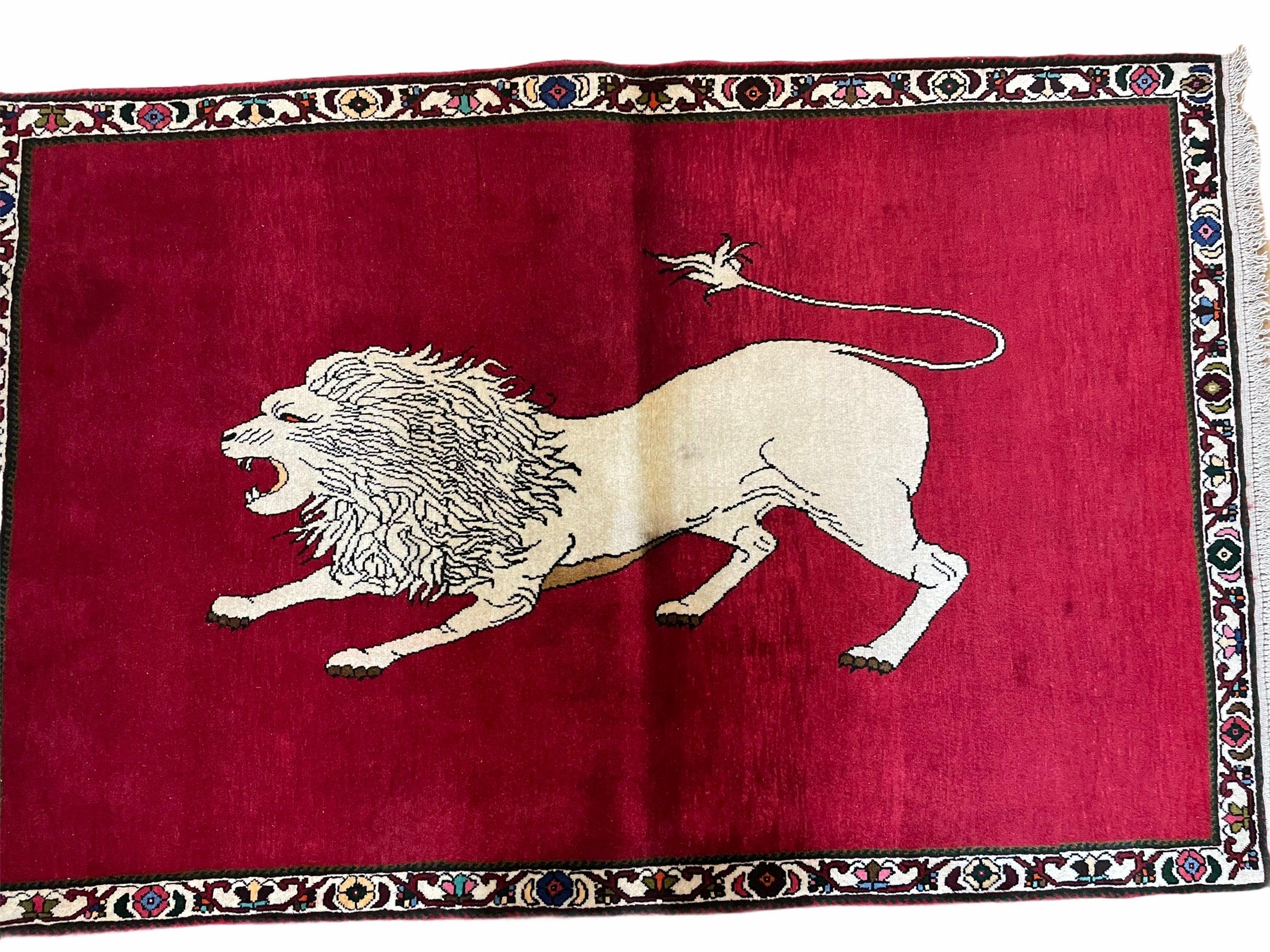 4 X 6 Handmade Hand-Knotted Quality Wool Rug Zagros Lion Red Ivory Tribal Rug