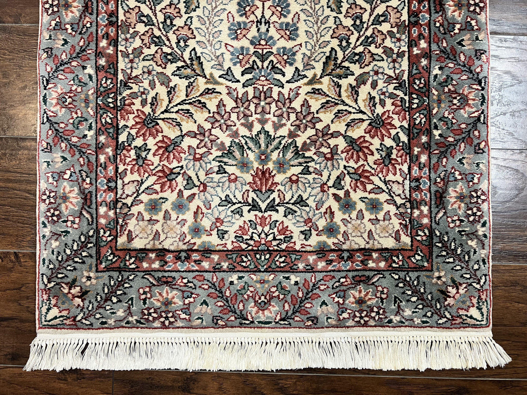 Sino Persian Runner Rug 2.7 x 10, Floral Kirman Lavar Carpet for Hallway, Cream, Handmade Wool Vintage Rug