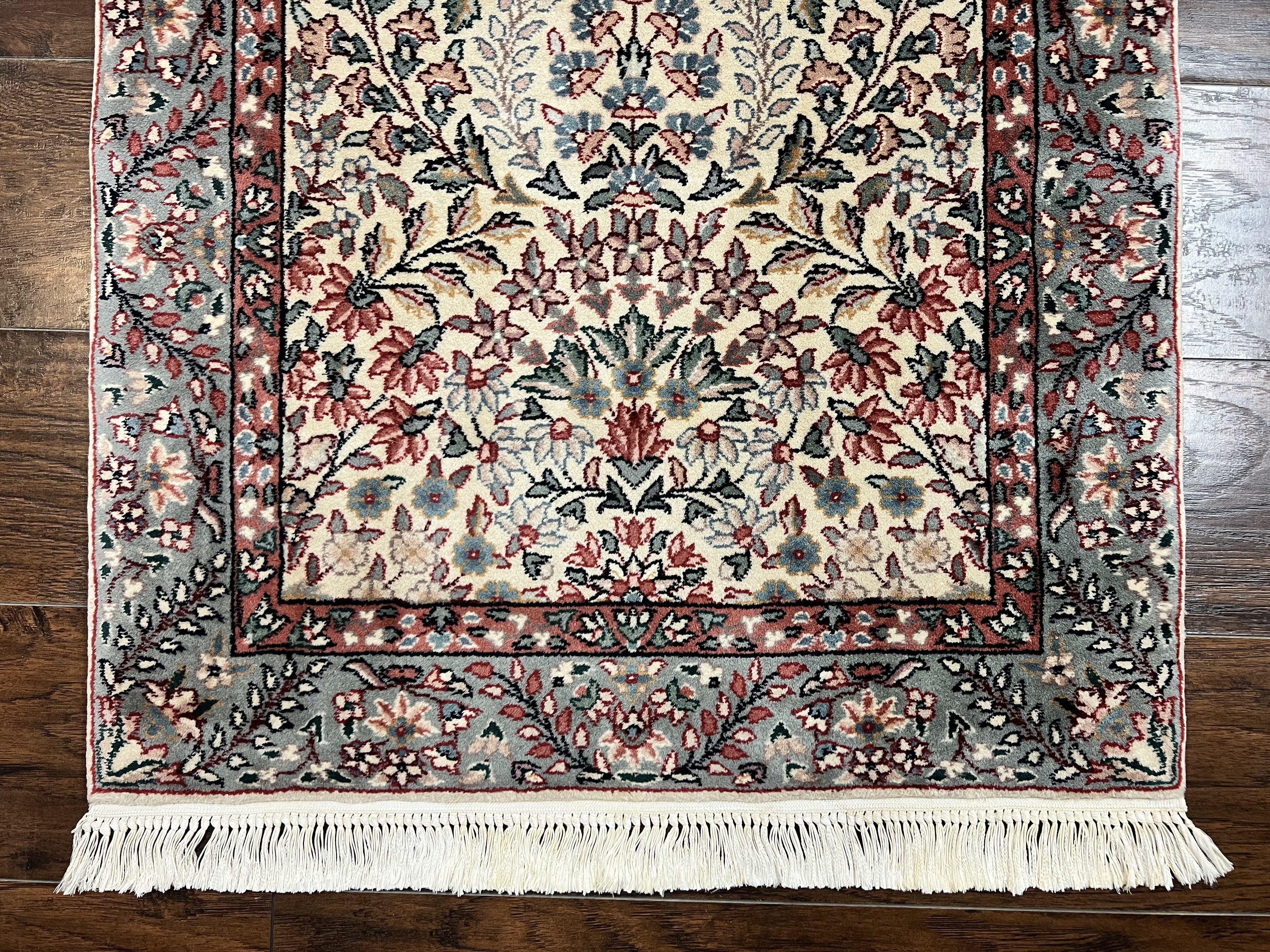 Sino Persian Runner Rug 2.7 x 10, Floral Kirman Lavar Carpet for Hallway, Cream, Handmade Wool Vintage Rug