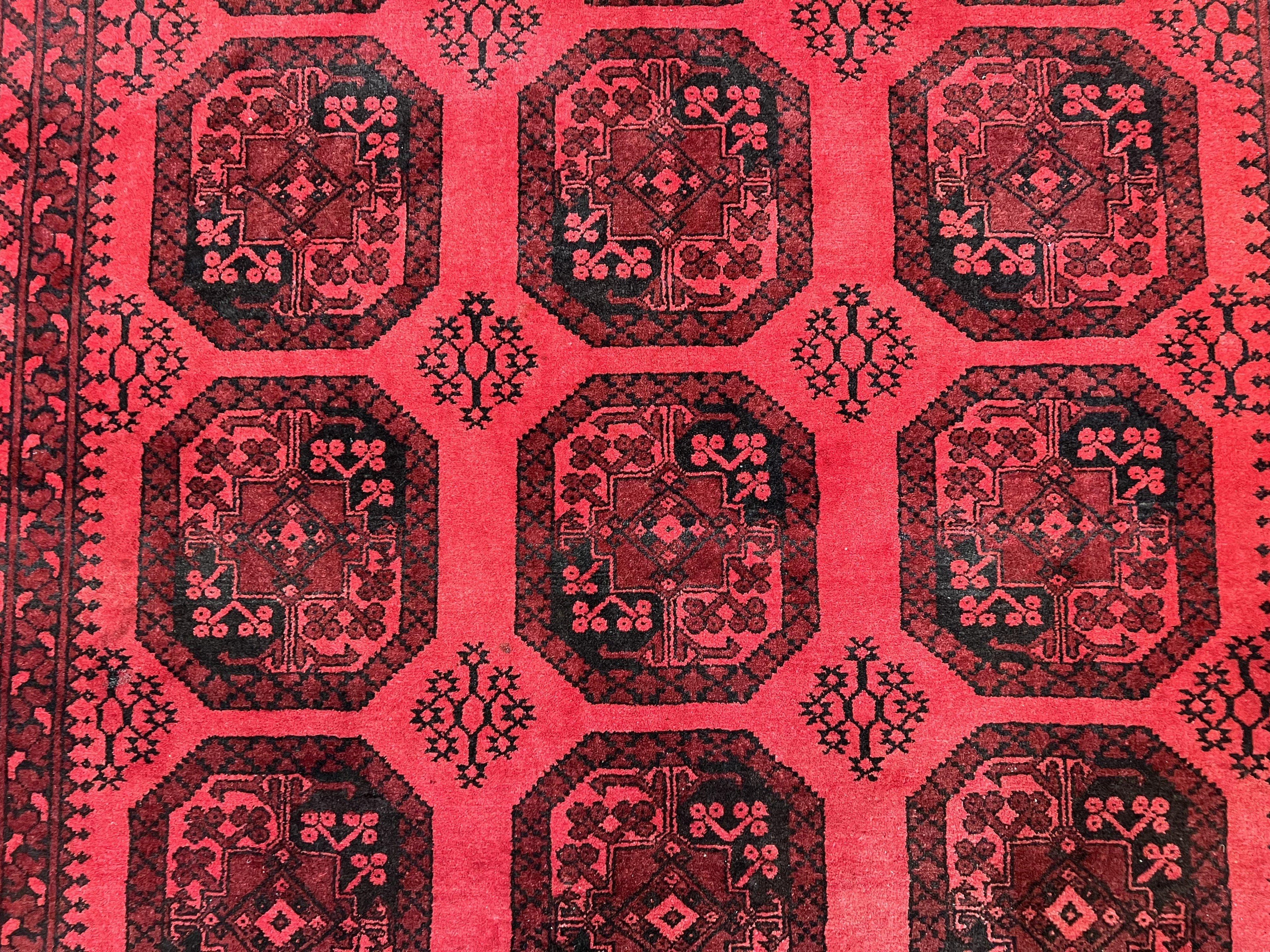 Afghan Turkoman Rug 7x10, Vintage Yamud Beshir Bokhara Carpet, Red and Black Bukhara Hand-Knotted Oriental Wool Handmade Rug, Elephant Foot