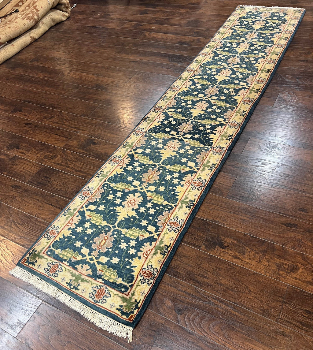 Indian Runner Rug 2.6 x 12, Navy Blue Beige Oriental Runner Rug 12ft Long, Narrow Hallway Runner, Wool Hand Knotted Indo Persian Mahal Rug