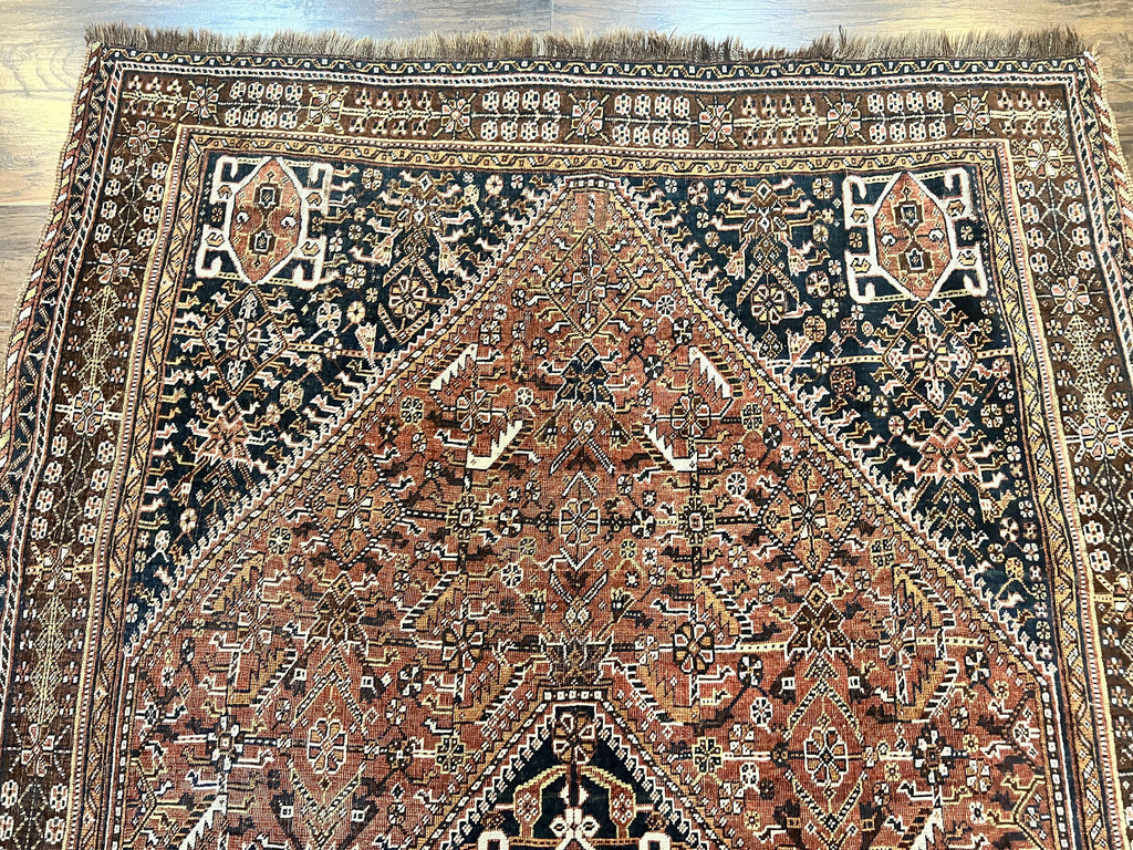 Antique Persian Shiraz Tribal Rug 6x8, Geometric Rug, Wool Handmade Hand Knotted Carpet, Red Blue