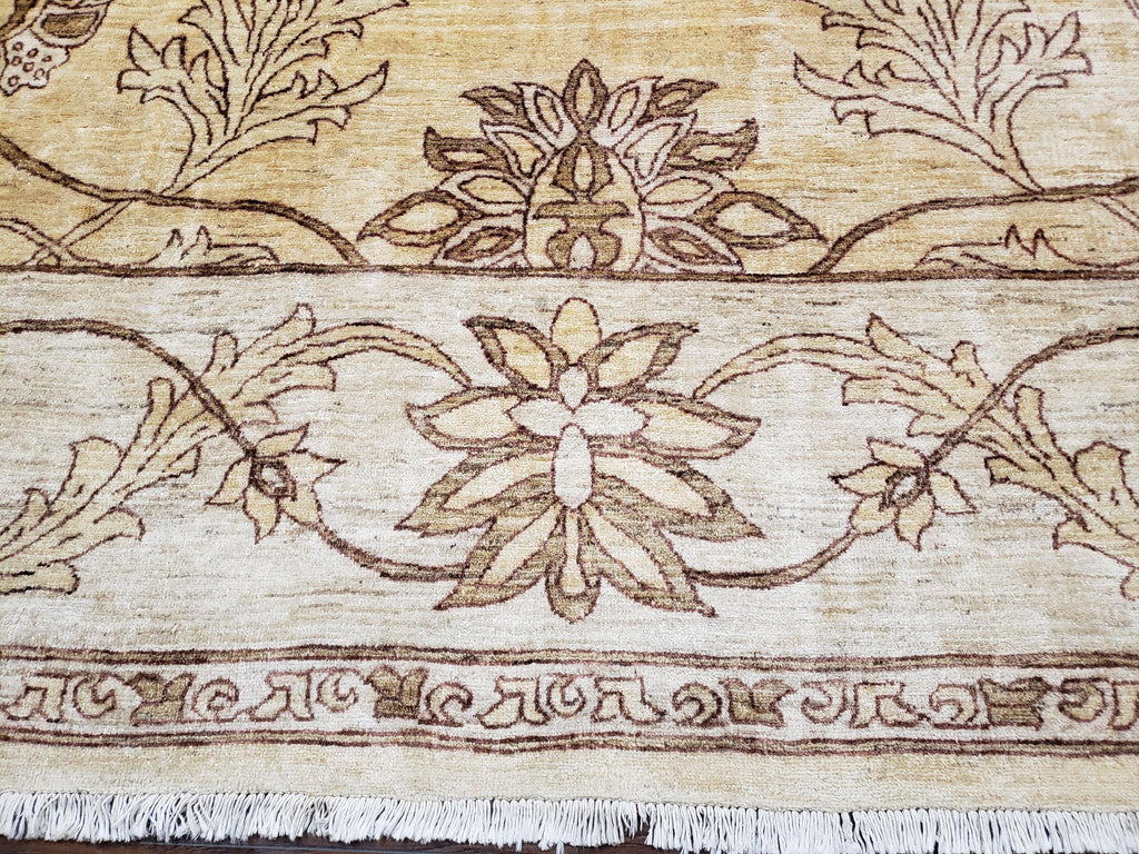 Oversized Peshawar Chobi Oushak Area Rug 11.6 x 12.5, Wool Hand-Knotted Light Gold & Ivory Decorative Pakistani Floral Carpet, 11x12 - 12x13