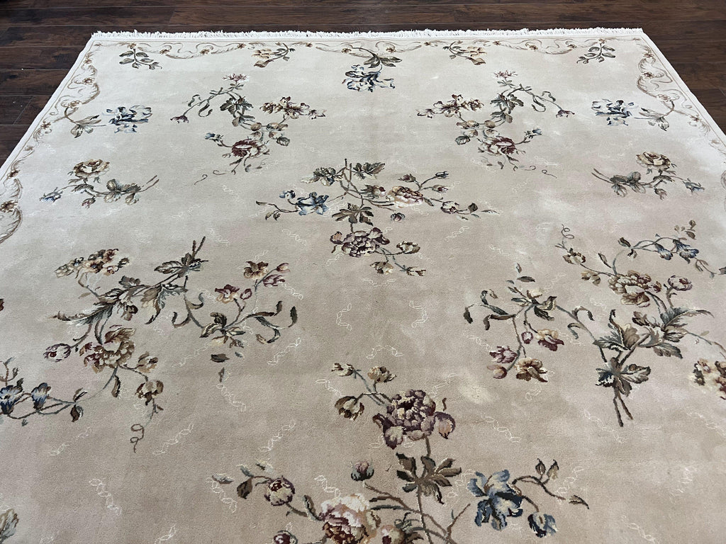 Chinese 120 Line Rug 8x10, Chinese Aubusson Wool & Silk Highlights Handmade Vintage Carpet, Beige Fine Weave Rug, Floral European Design