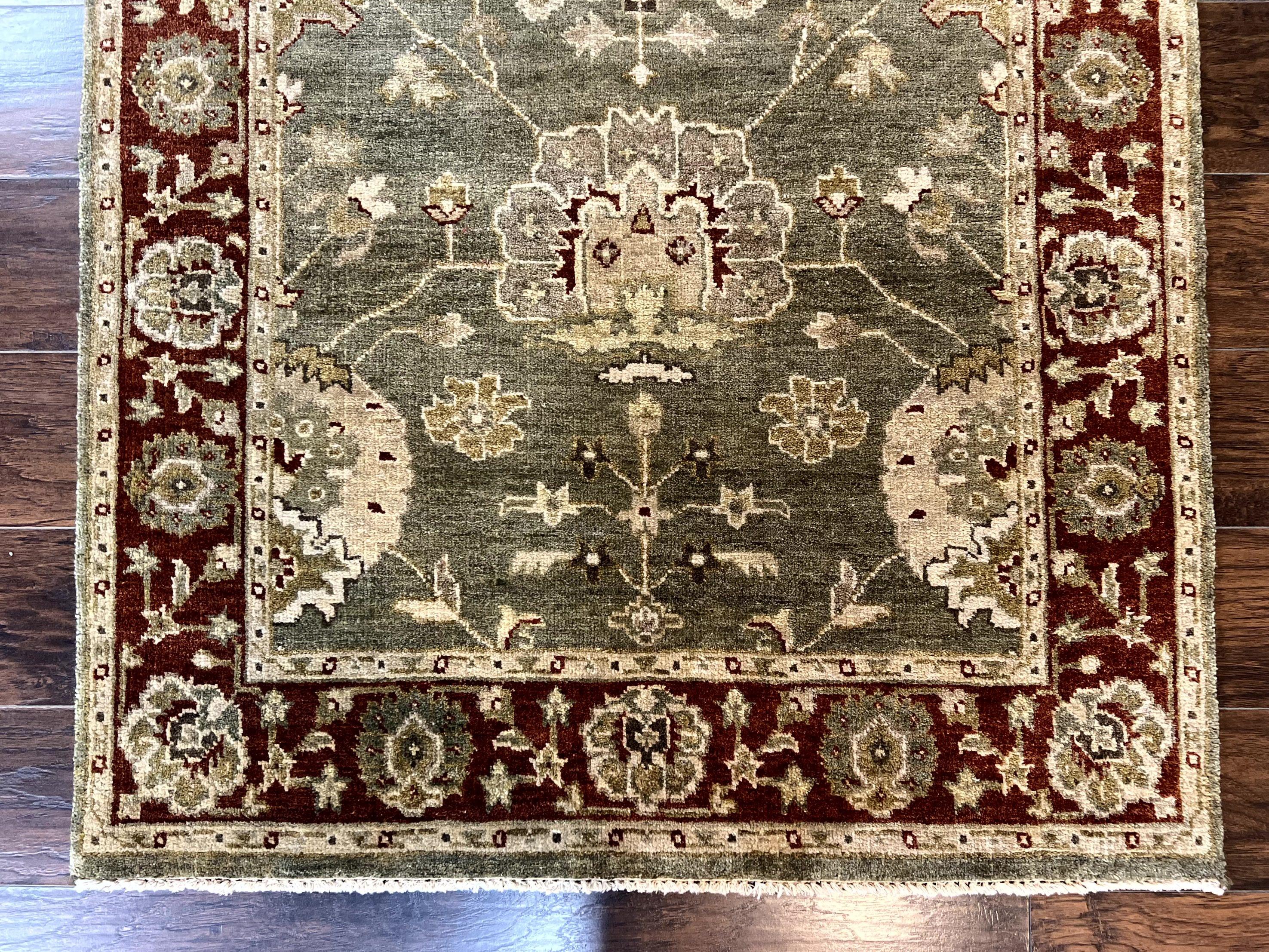 Indo Oushak Rug 4x6, Green and Maroon, Vintage Wool Floral Rug, Indian Agra Rug