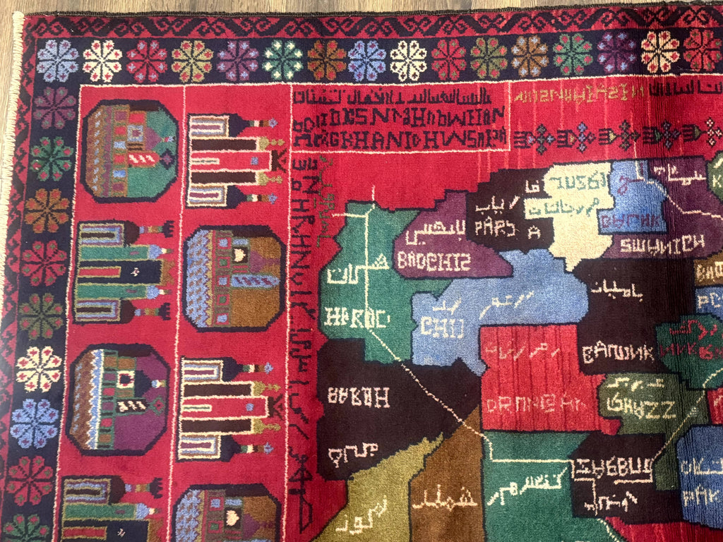 Afghan Rug 3x7, Map of Afghanistan, War Rug, Tribal Rug, Balouch Rug, New, Red