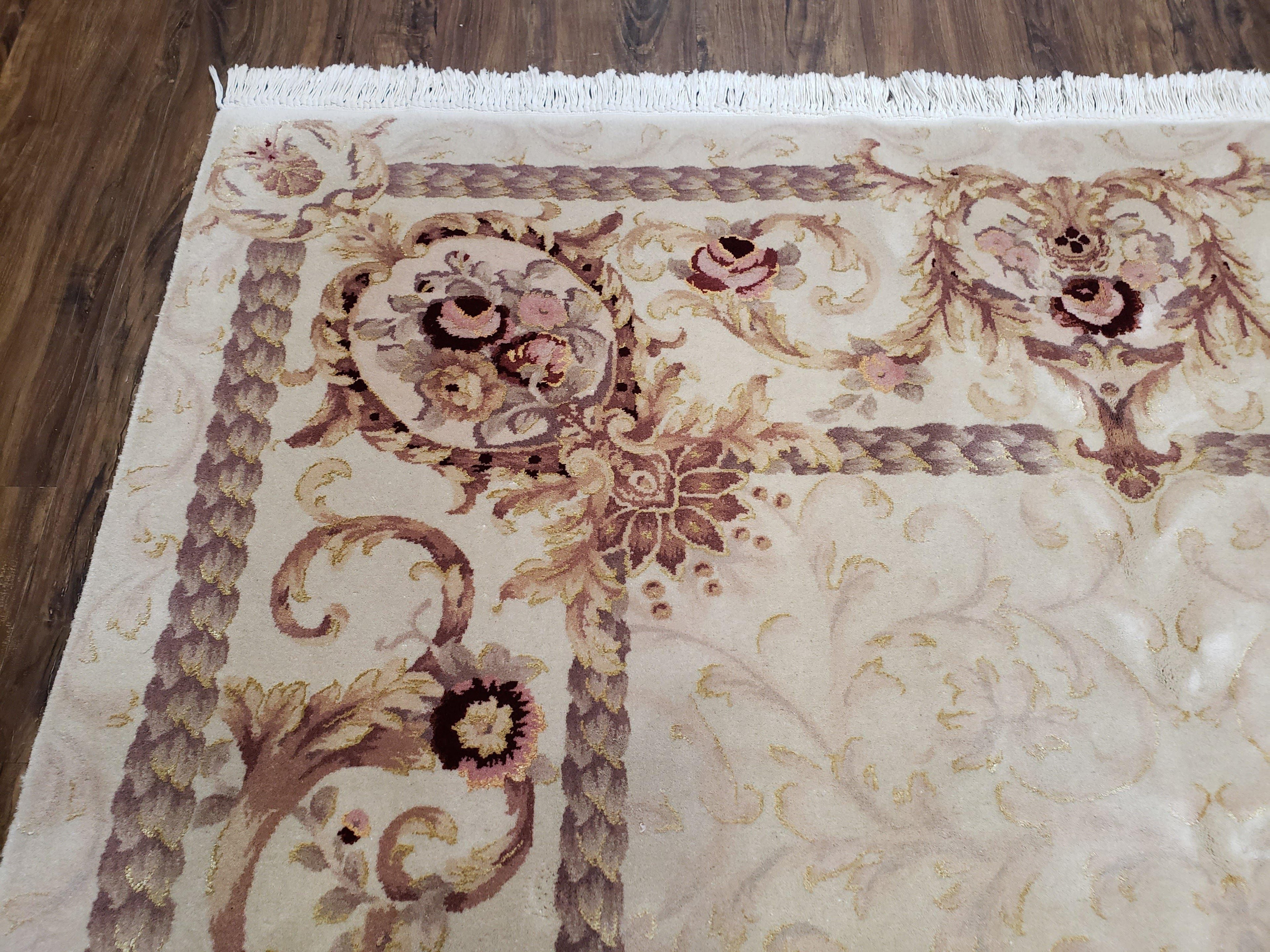 Vintage Ivory Chinese Aubusson Area Rug 6x9, Wool & Silk, Hand-Knotted 120 Line Fine Rug, European Design Carpet, 6 x 9 Master Signature Rug