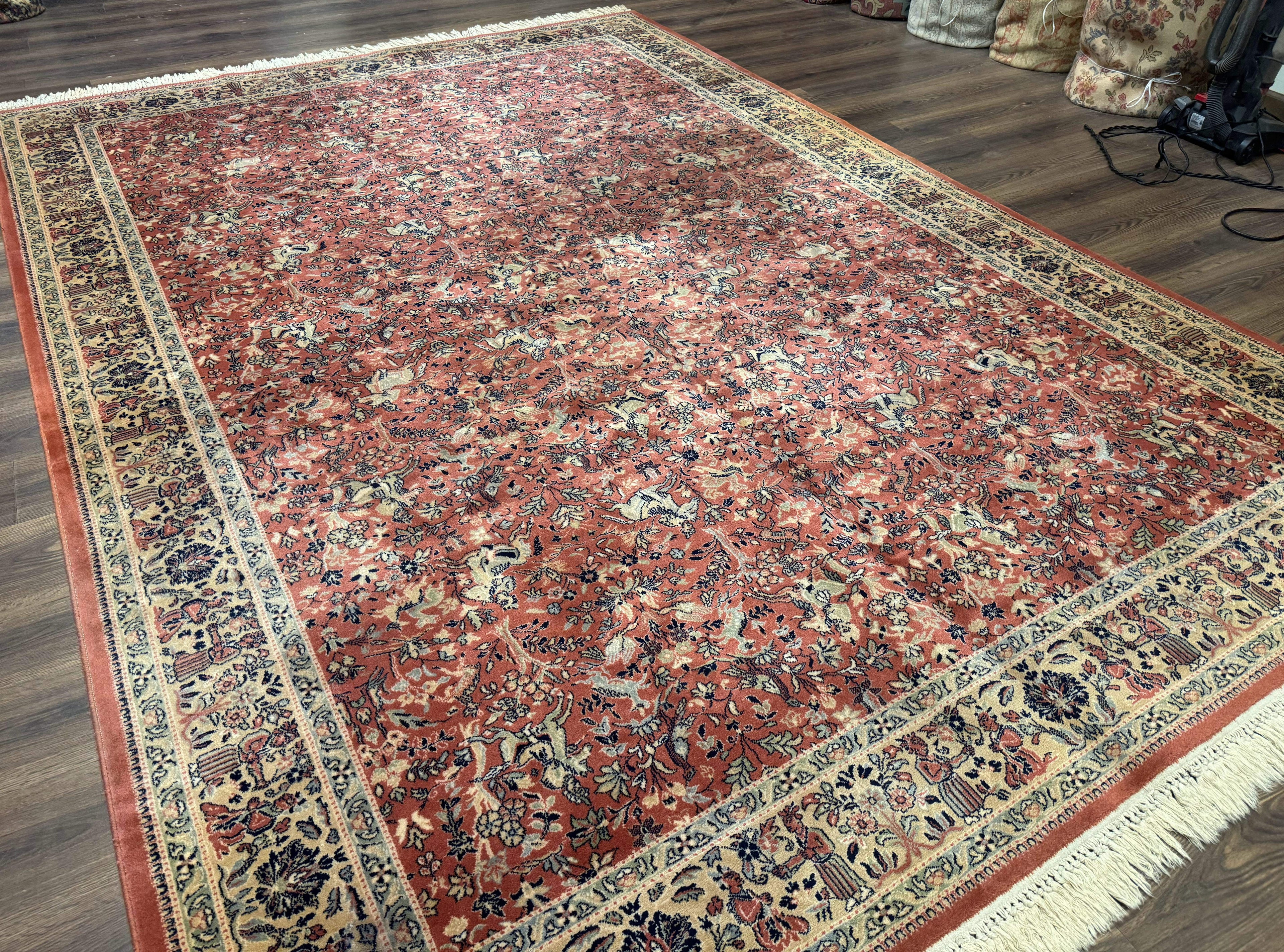 Persian Area Rug 8 x 11.6, Wool, Royal Hunting Scene, Vintage Couristan Rug, Red, Allover Pattern, Belgium Power Loomed