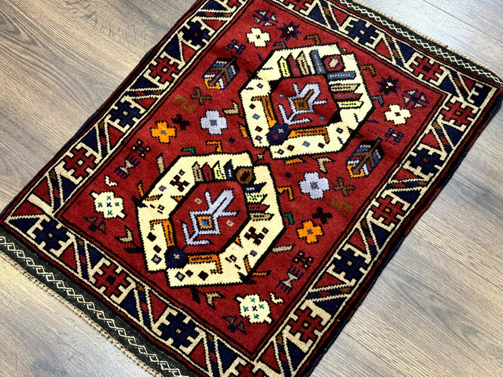 Small Persian Tribal Rug, Red and Ivory, Baluch Rug