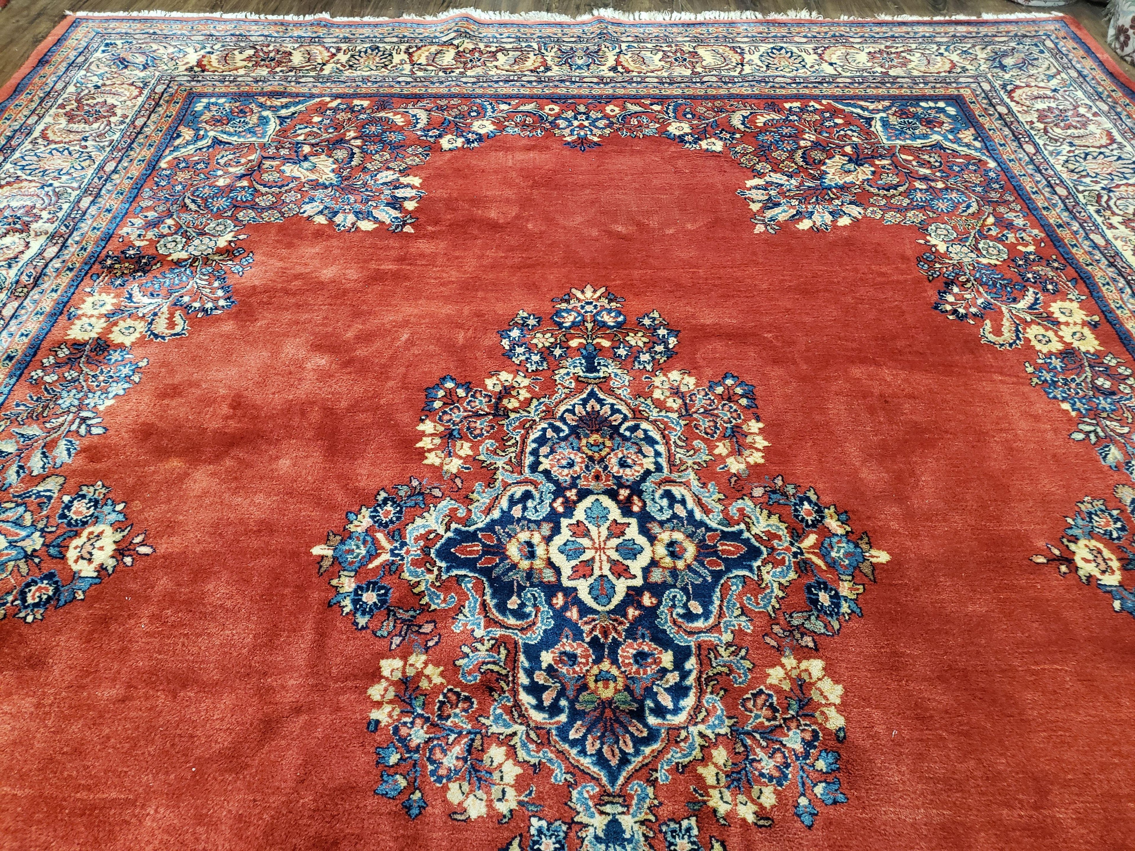 Semi Antique Persian Sarouk Rug 9x12,  Semi Open Field with Central Medallion, Hand Knotted Wool, Tomato Red, 9 x 12 Authentic Oriental Carpet